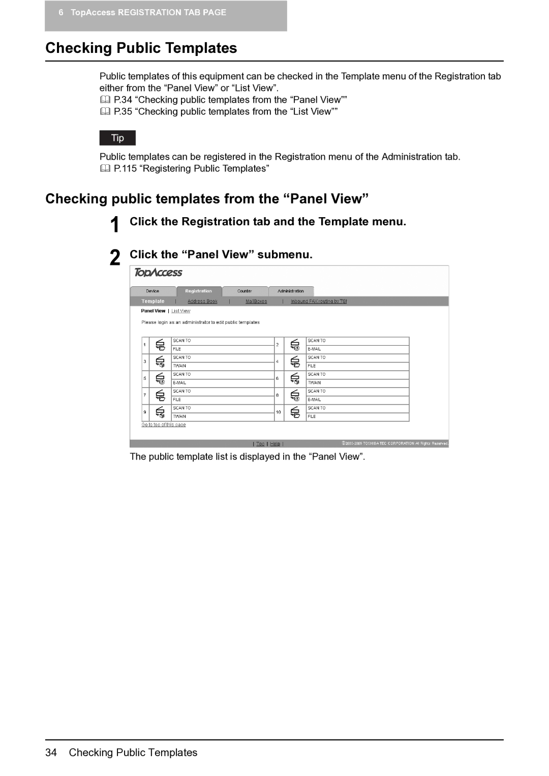 Toshiba GA-1201 setup guide Checking Public Templates, Checking public templates from the Panel View 