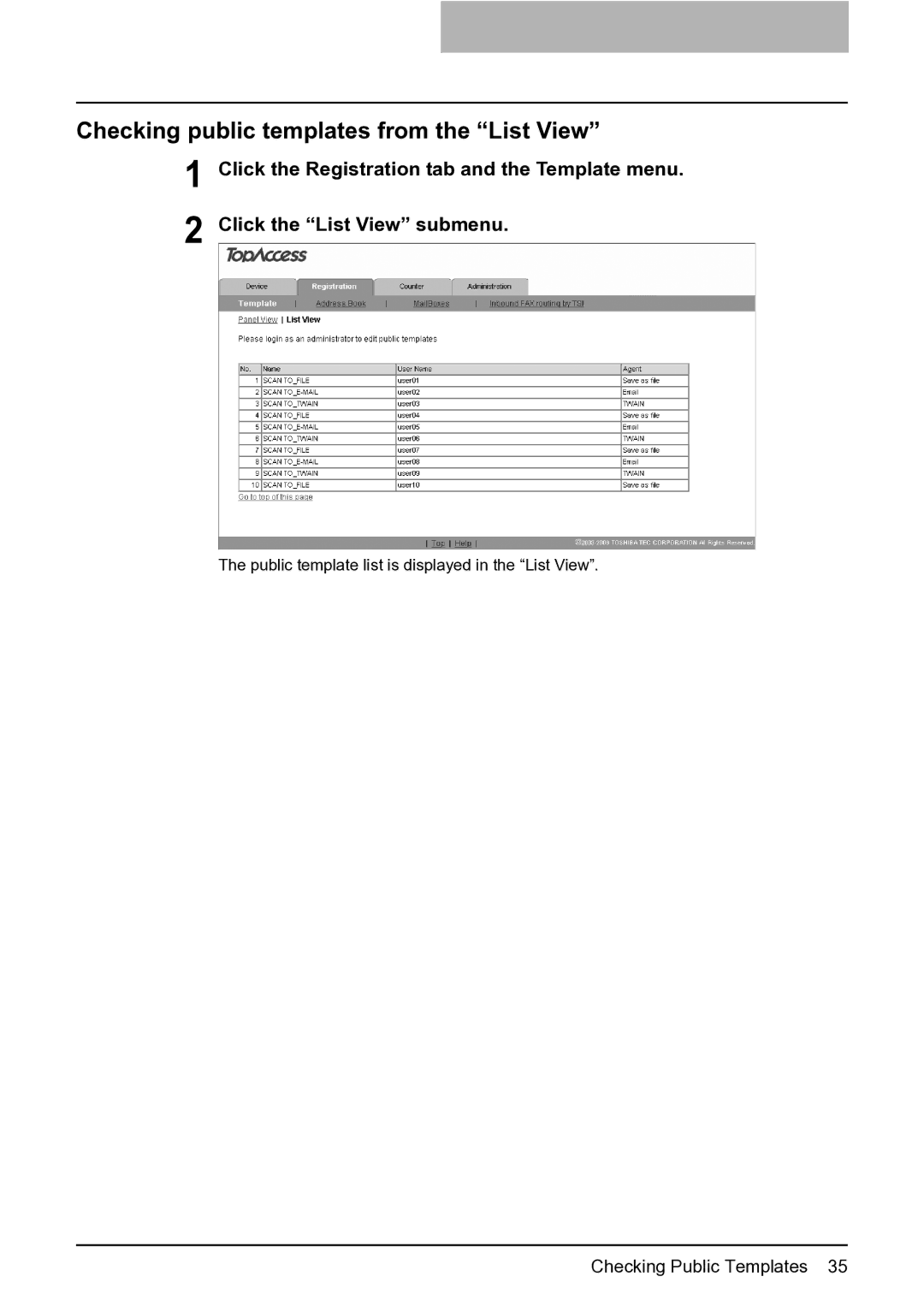 Toshiba GA-1201 setup guide Checking public templates from the List View 