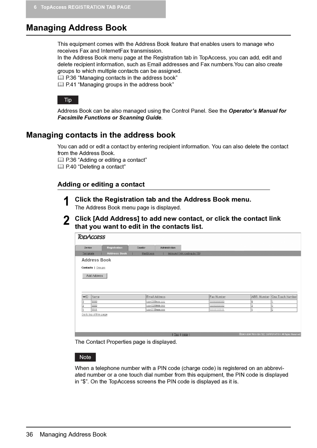 Toshiba GA-1201 setup guide Managing Address Book, Managing contacts in the address book, Adding or editing a contact 