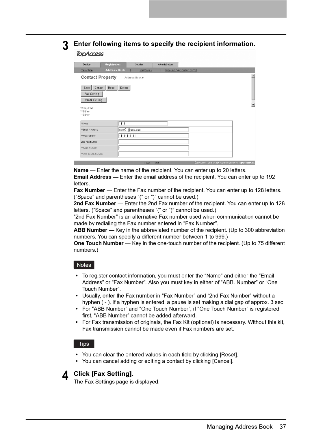 Toshiba GA-1201 setup guide Enter following items to specify the recipient information, Click Fax Setting 