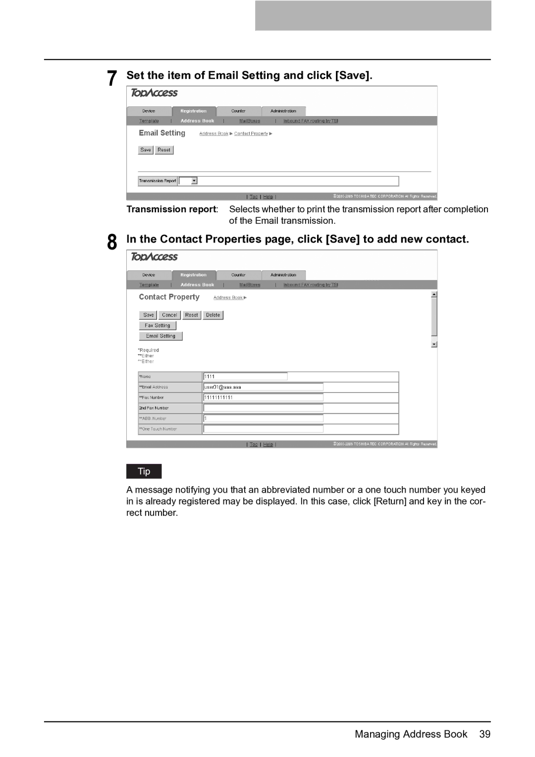 Toshiba GA-1201 Set the item of Email Setting and click Save, Contact Properties page, click Save to add new contact 