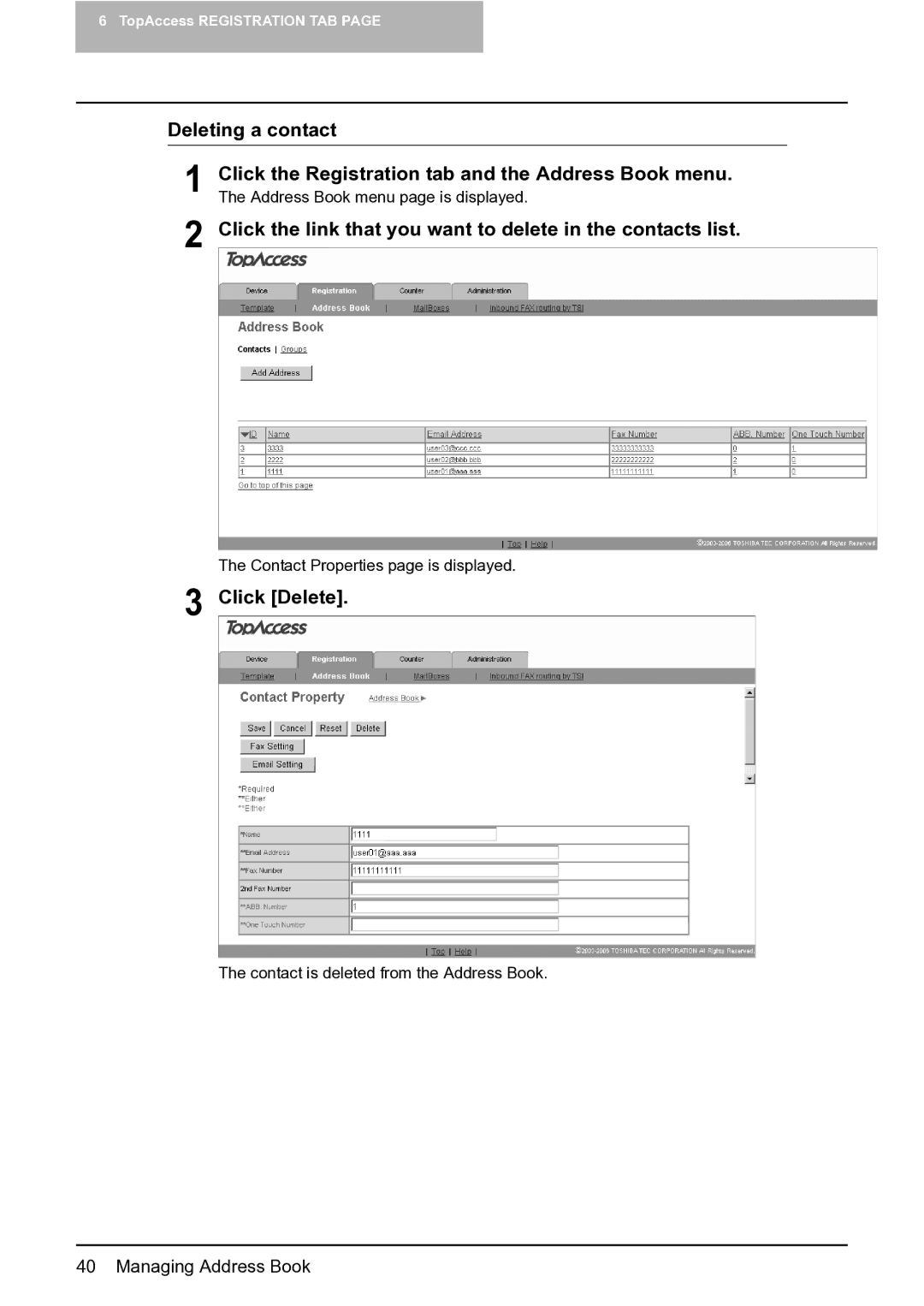 Toshiba GA-1201 setup guide Deleting a contact, Click the link that you want to delete in the contacts list, Click Delete 