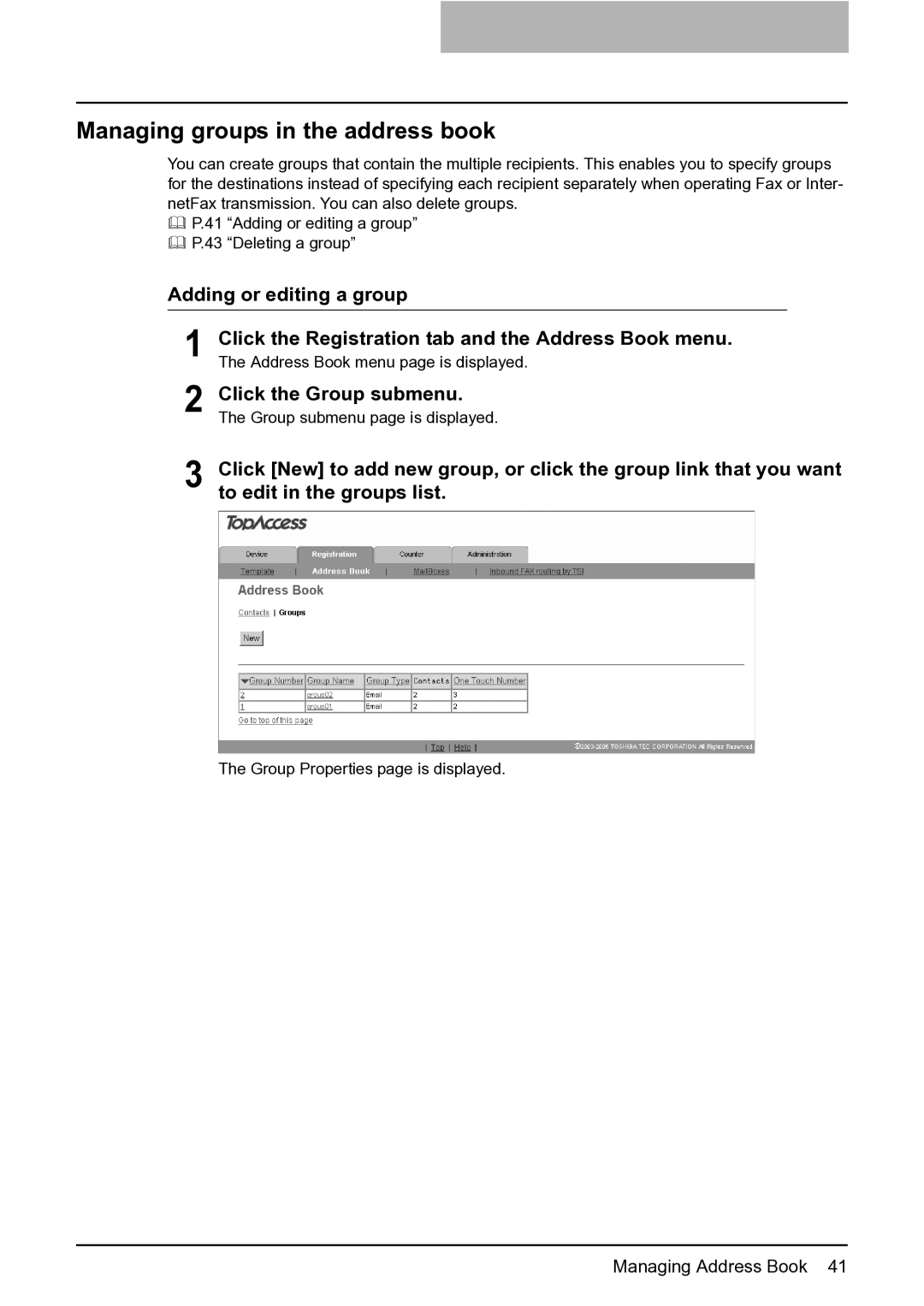 Toshiba GA-1201 setup guide Managing groups in the address book, Adding or editing a group 