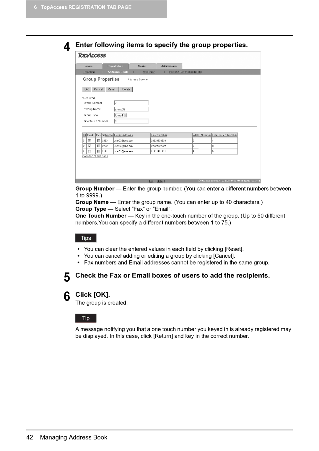 Toshiba GA-1201 setup guide Enter following items to specify the group properties 