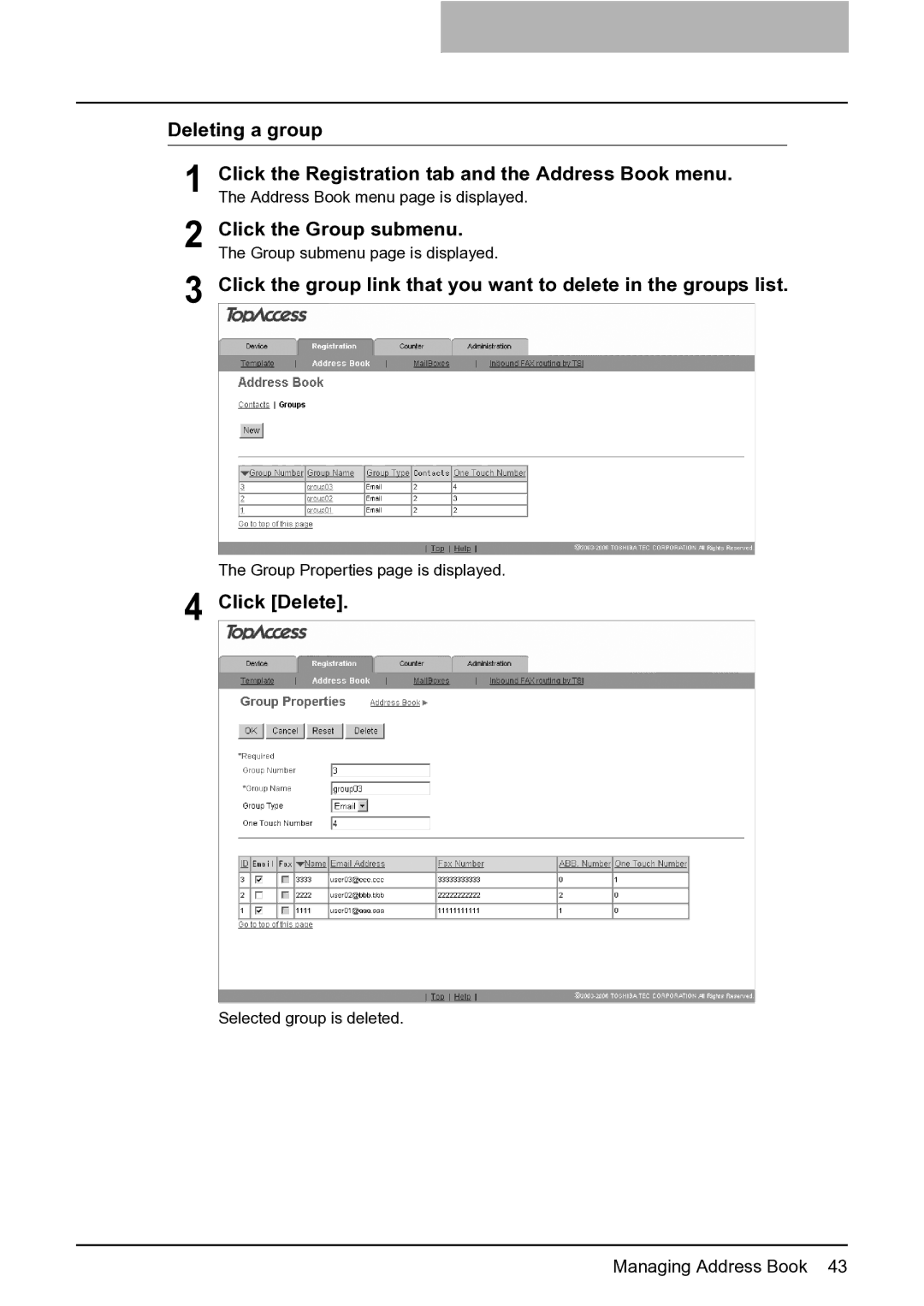 Toshiba GA-1201 setup guide Deleting a group, Click Delete 