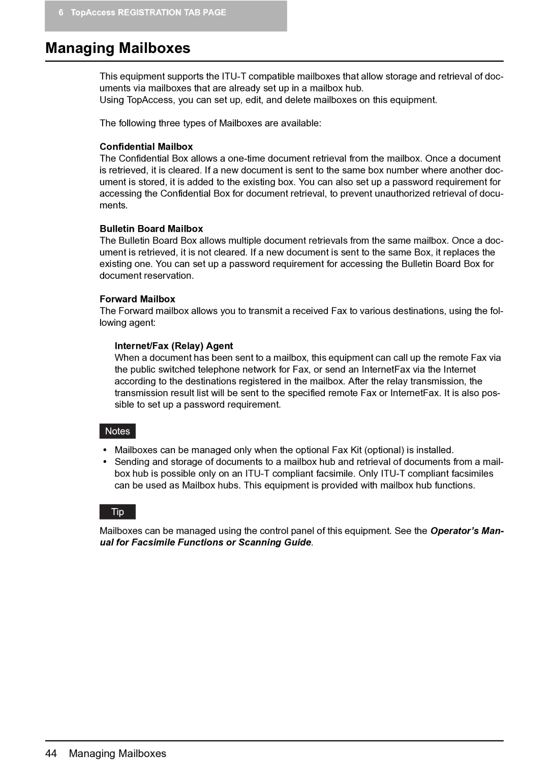 Toshiba GA-1201 setup guide Managing Mailboxes, Confidential Mailbox, Bulletin Board Mailbox, Forward Mailbox 