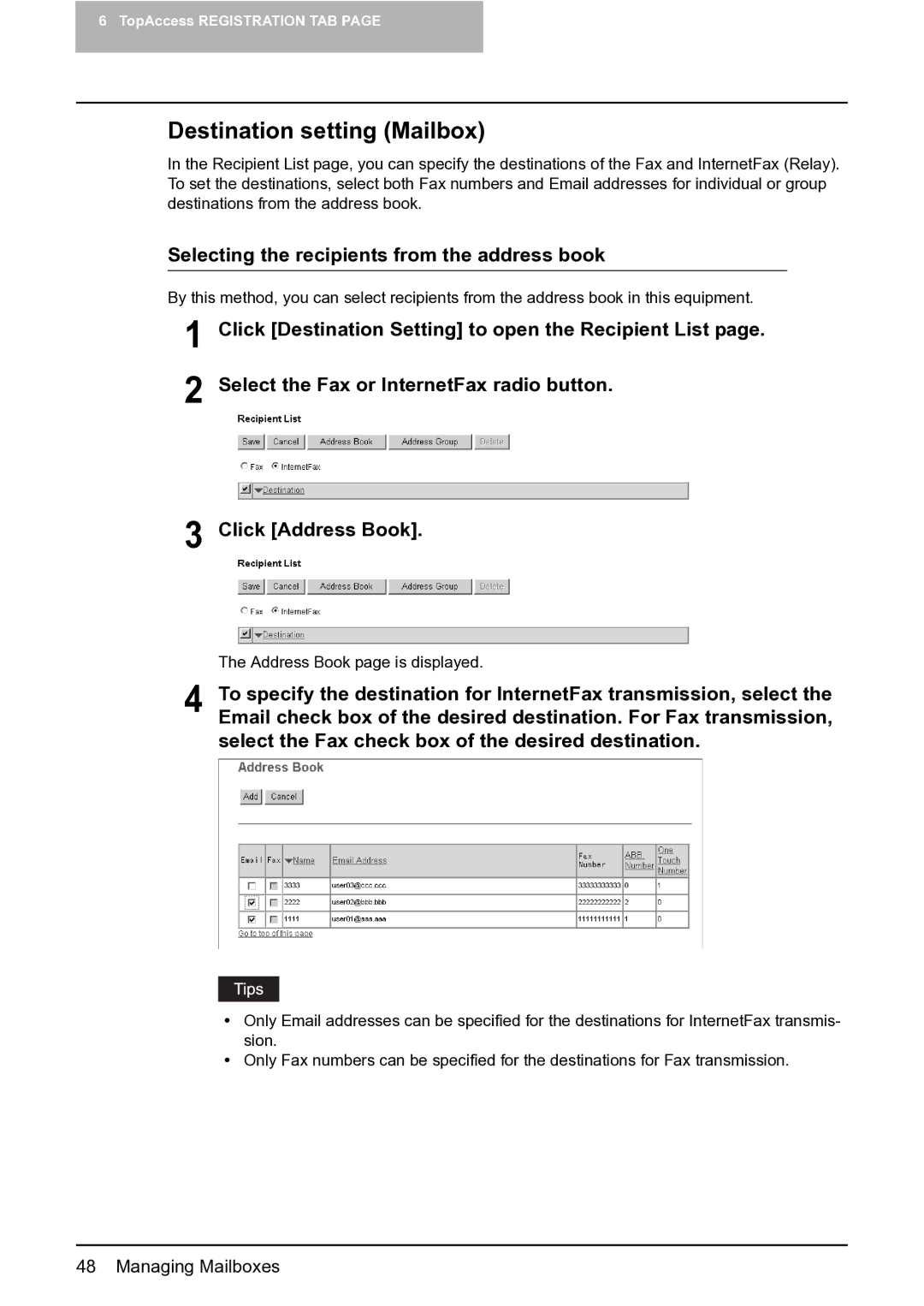 Toshiba GA-1201 setup guide Destination setting Mailbox, Selecting the recipients from the address book 