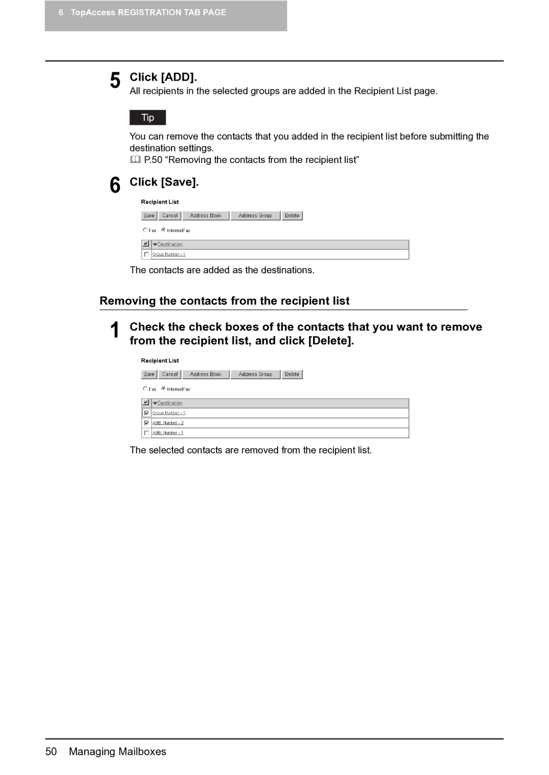 Toshiba GA-1201 setup guide Selected contacts are removed from the recipient list 