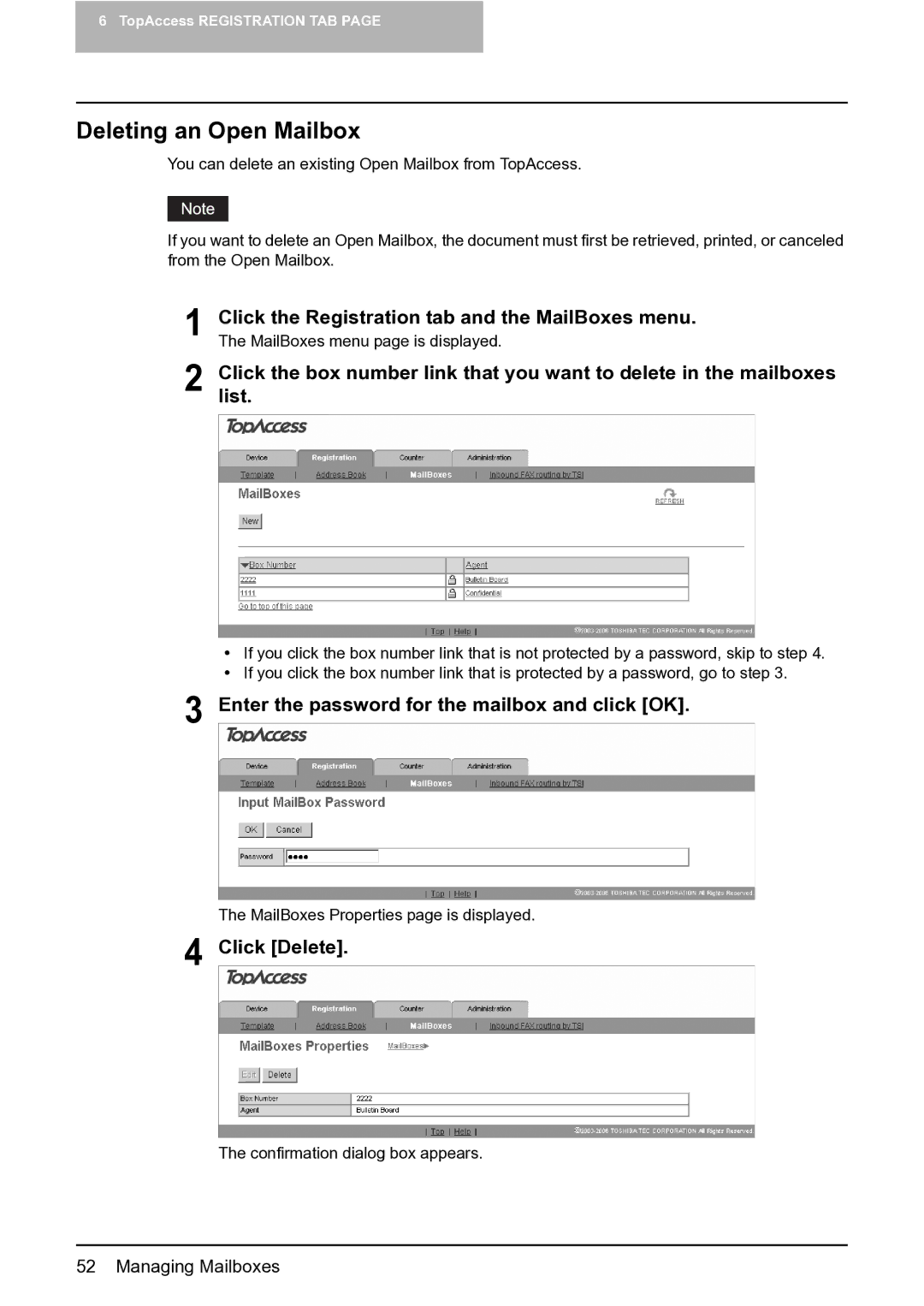 Toshiba GA-1201 setup guide Deleting an Open Mailbox, Enter the password for the mailbox and click OK 