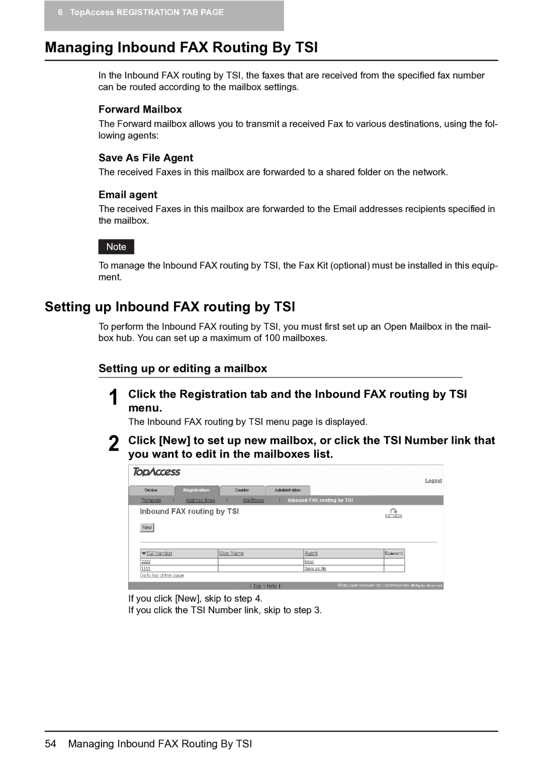 Toshiba GA-1201 setup guide Managing Inbound FAX Routing By TSI, Setting up Inbound FAX routing by TSI 