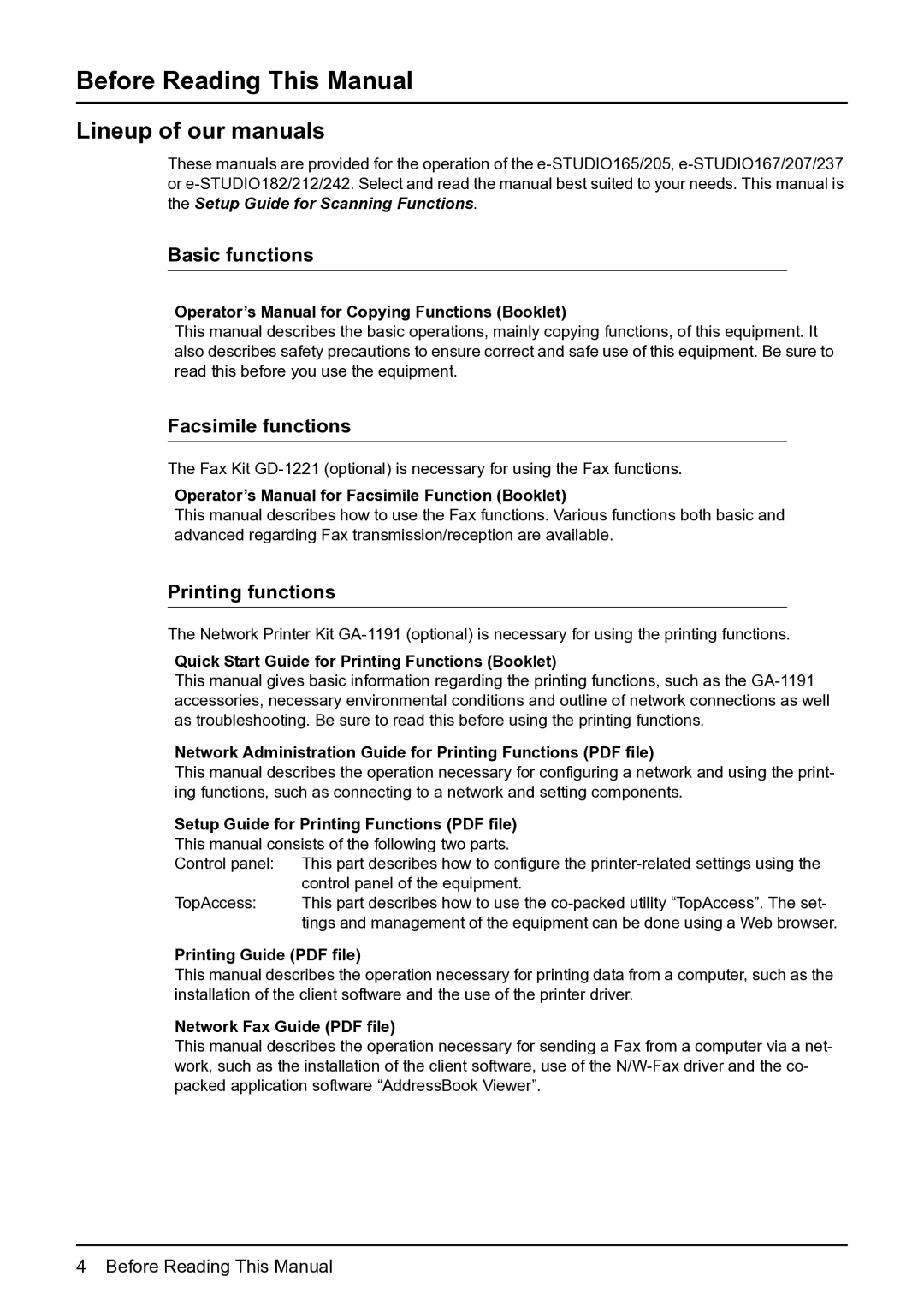 Toshiba GA-1201 setup guide Before Reading This Manual, Lineup of our manuals, Basic functions, Facsimile functions 