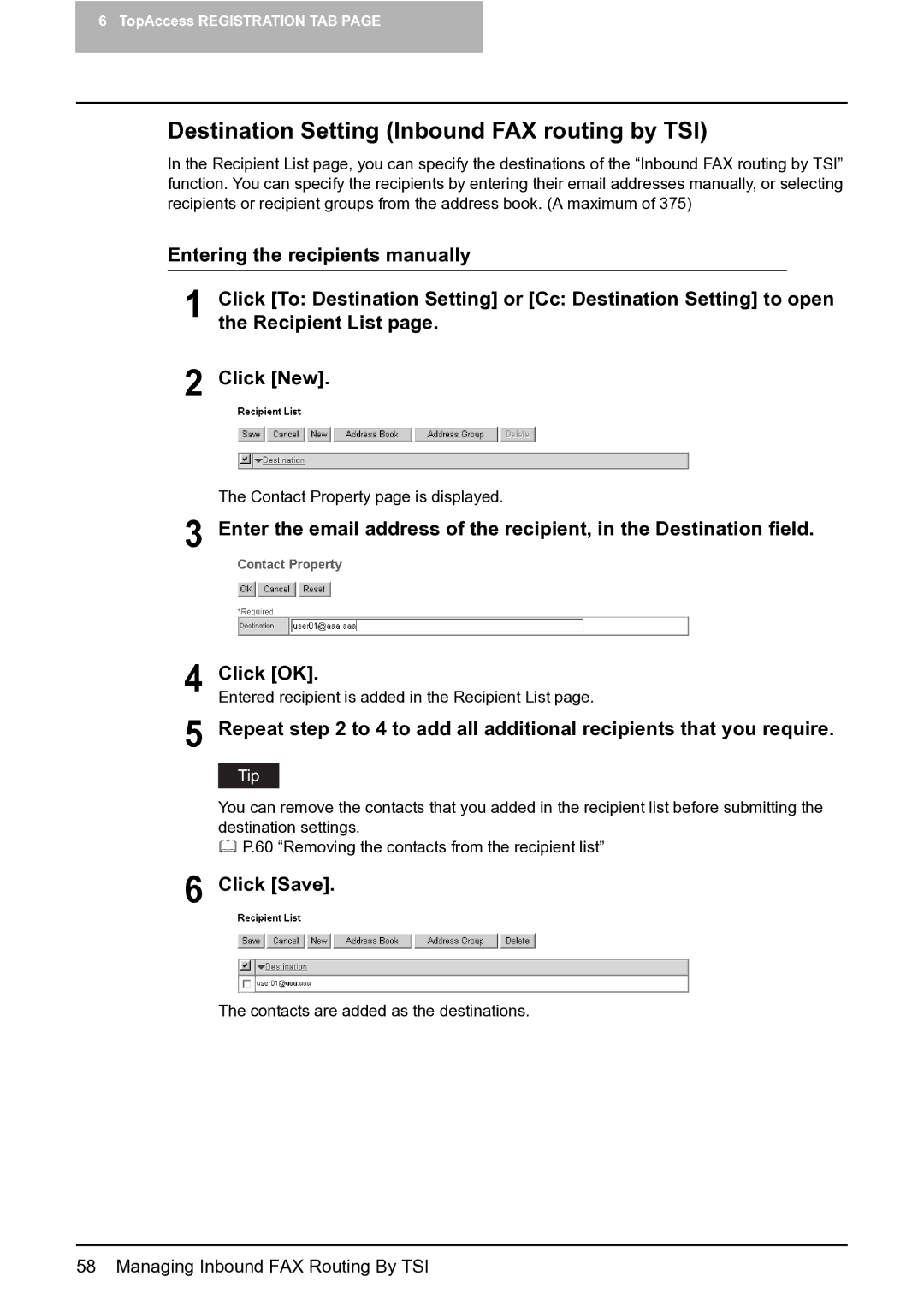 Toshiba GA-1201 setup guide Destination Setting Inbound FAX routing by TSI, Click Save 