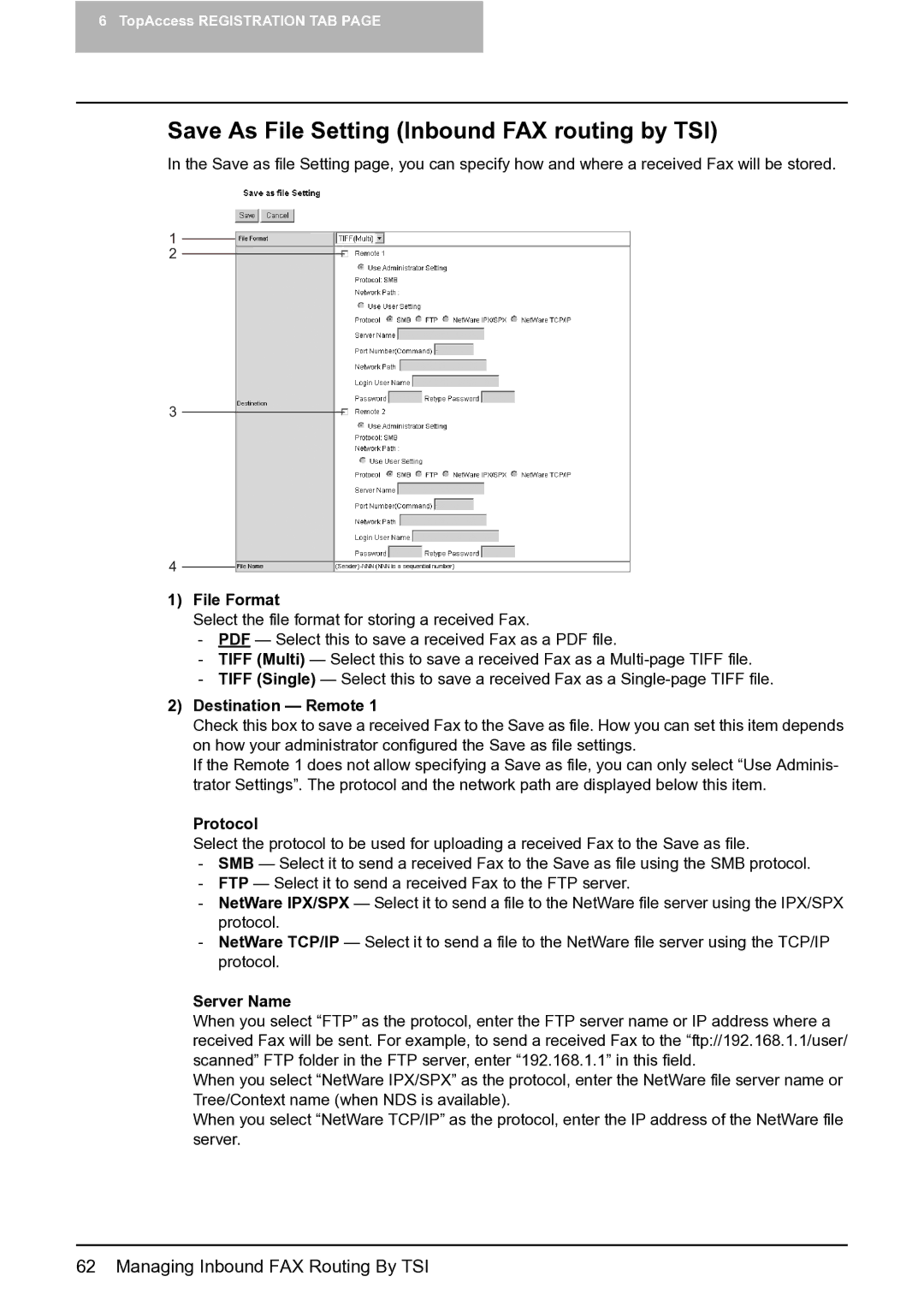 Toshiba GA-1201 setup guide Save As File Setting Inbound FAX routing by TSI, Destination Remote, Protocol, Server Name 