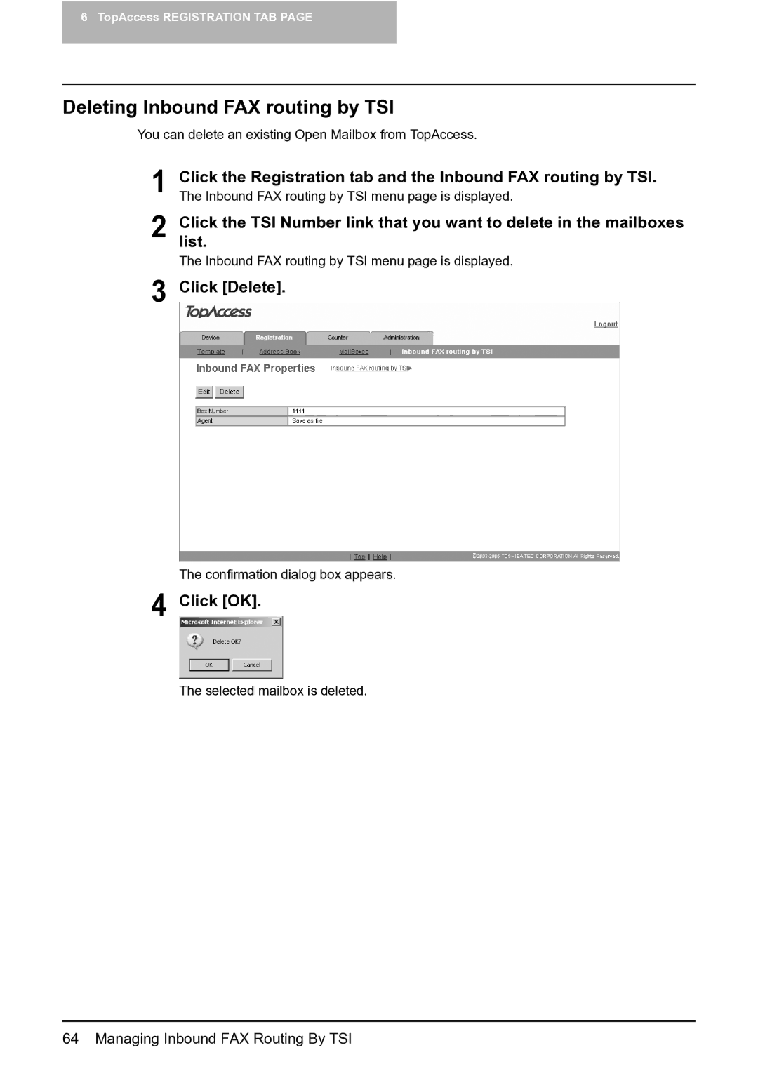 Toshiba GA-1201 setup guide Deleting Inbound FAX routing by TSI, Click Delete 