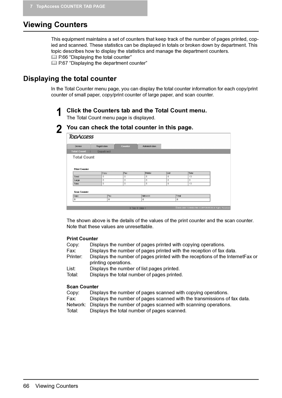 Toshiba GA-1201 Viewing Counters, Displaying the total counter, You can check the total counter in this, Print Counter 