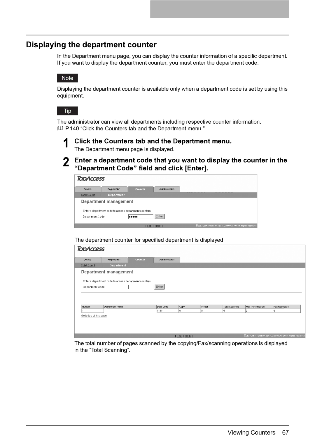 Toshiba GA-1201 setup guide Displaying the department counter, Click the Counters tab and the Department menu 