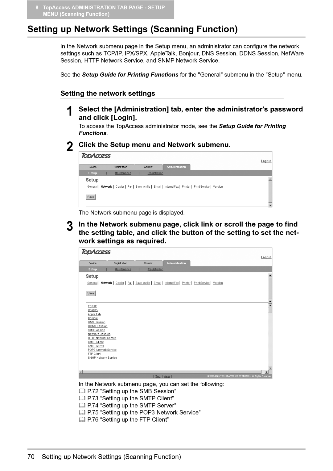 Toshiba GA-1201 setup guide Setting up Network Settings Scanning Function, Click the Setup menu and Network submenu 