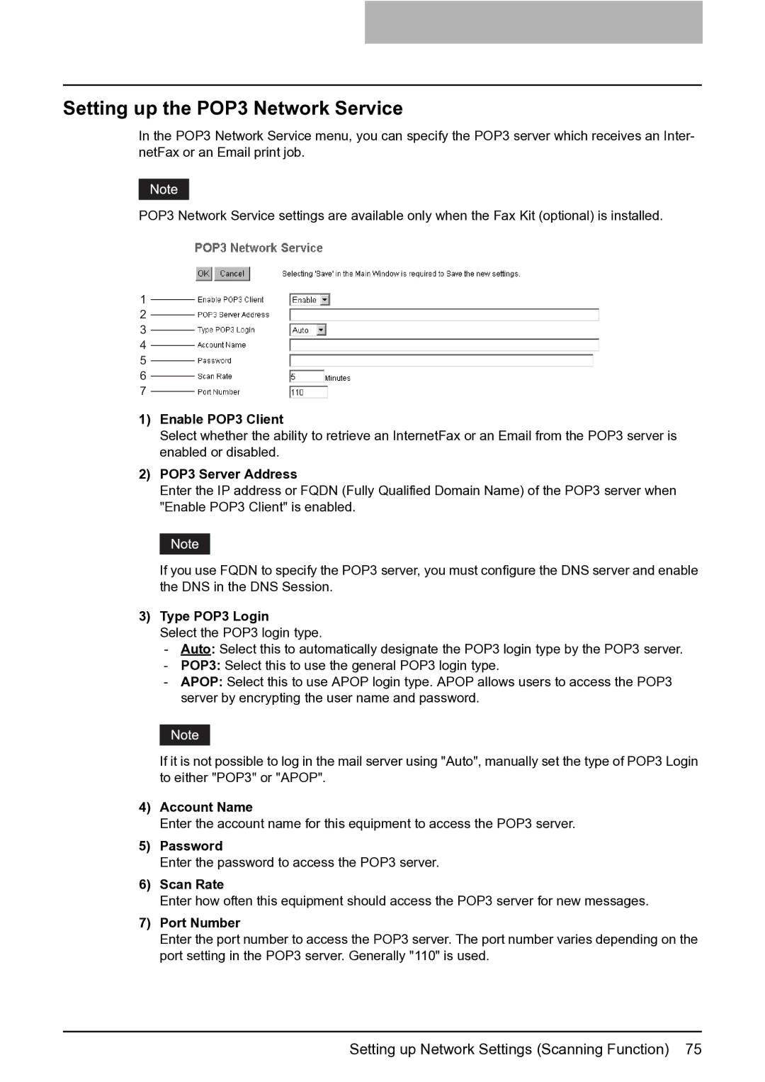 Toshiba GA-1201 setup guide Setting up the POP3 Network Service 