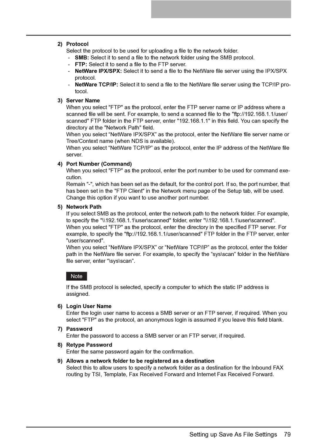 Toshiba GA-1201 setup guide Protocol, Allows a network folder to be registered as a destination 