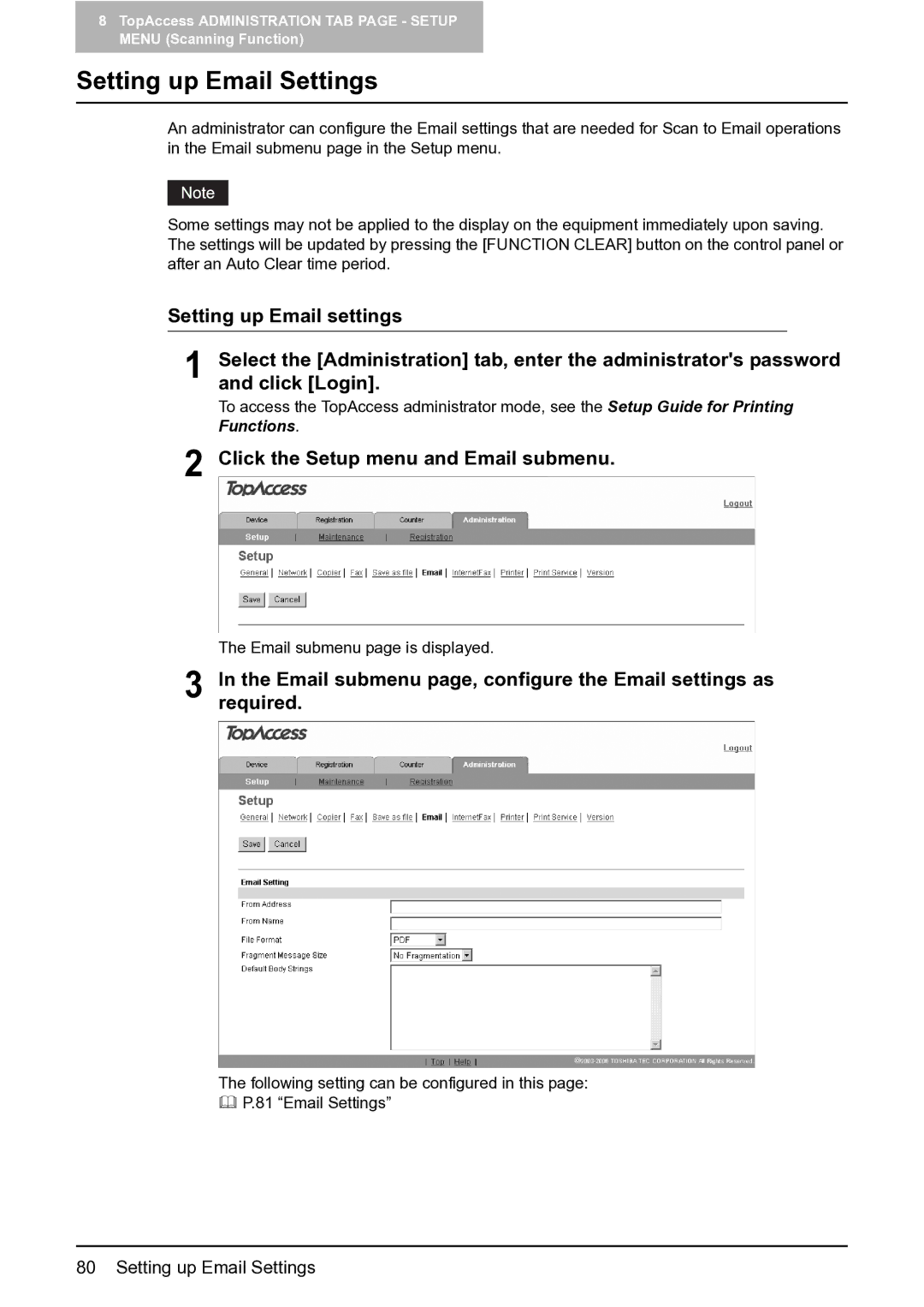 Toshiba GA-1201 setup guide Setting up Email Settings, Click the Setup menu and Email submenu 