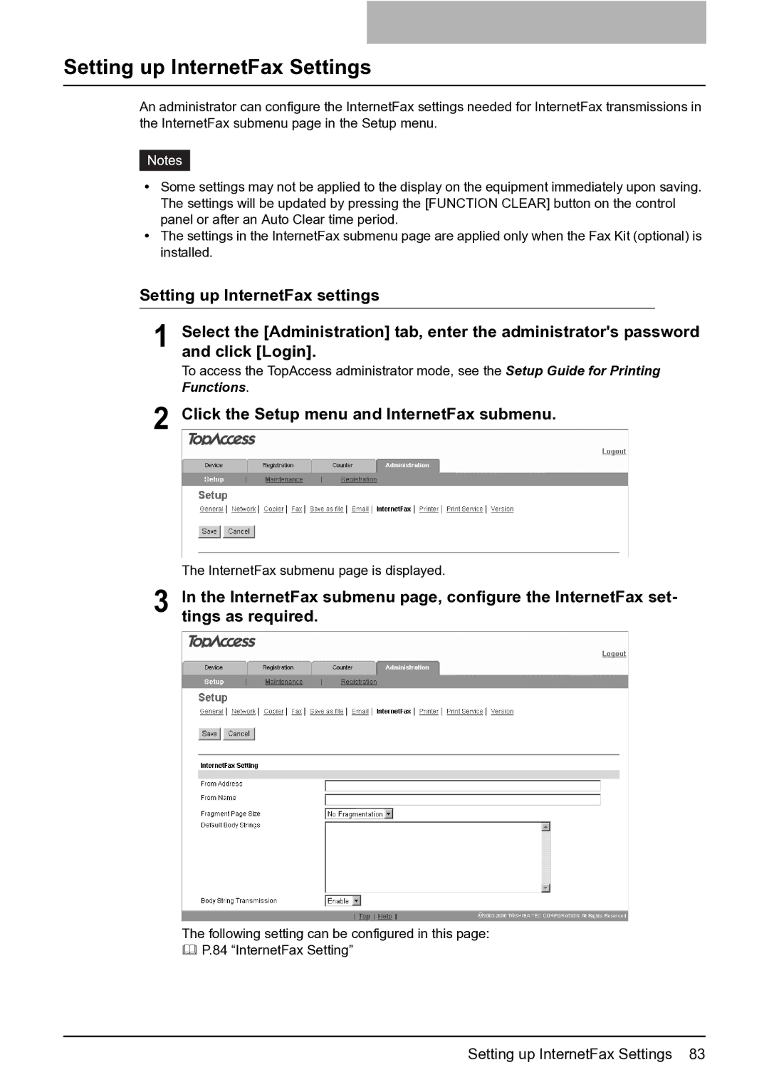 Toshiba GA-1201 setup guide Setting up InternetFax Settings, Click the Setup menu and InternetFax submenu 