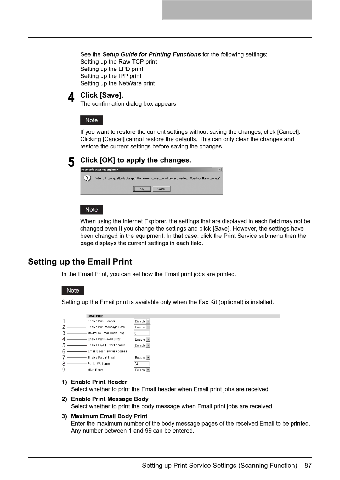 Toshiba GA-1201 Setting up the Email Print, Enable Print Header, Enable Print Message Body, Maximum Email Body Print 