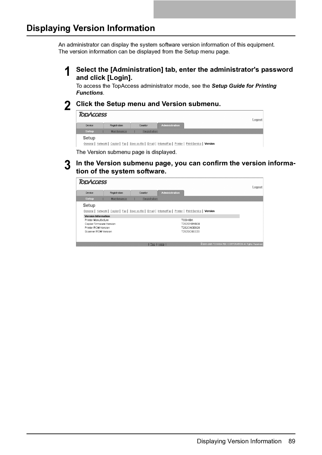 Toshiba GA-1201 setup guide Displaying Version Information, Click the Setup menu and Version submenu 