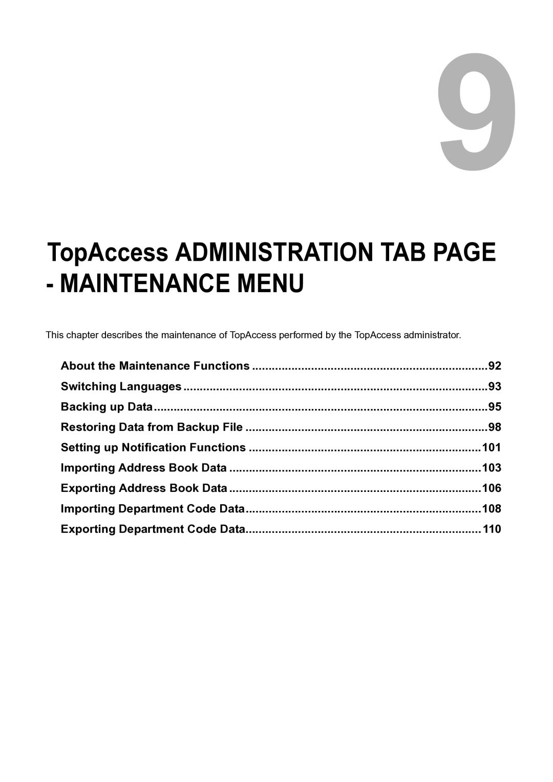 Toshiba GA-1201 setup guide TopAccess Administration TAB page Maintenance Menu, Backing up Data 