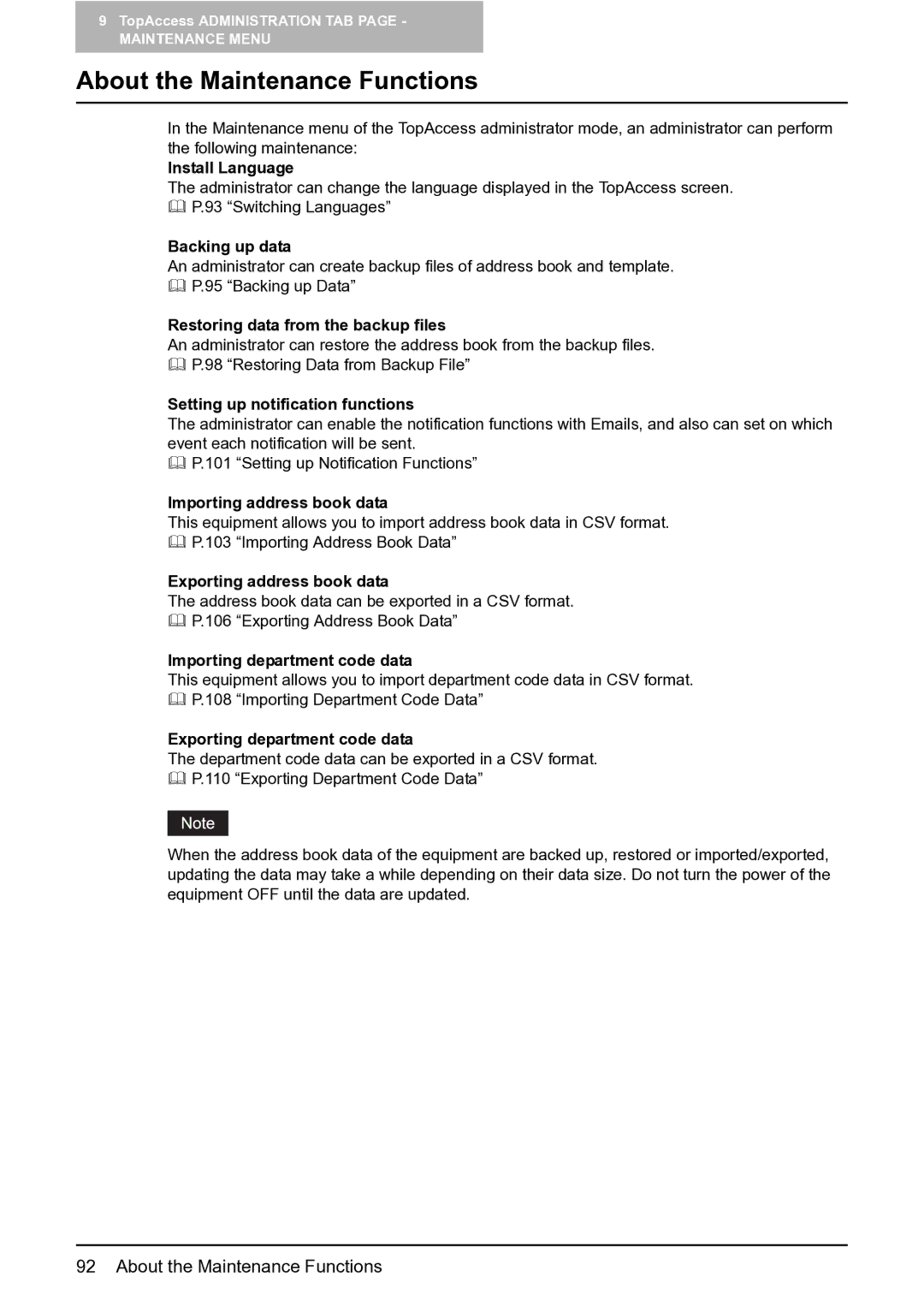 Toshiba GA-1201 setup guide About the Maintenance Functions 