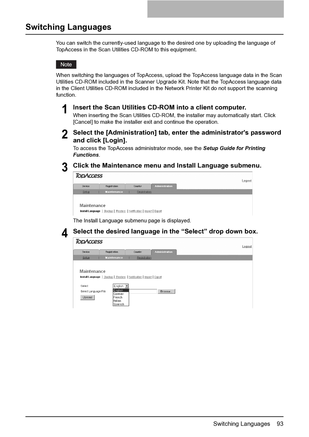 Toshiba GA-1201 setup guide Switching Languages, Click the Maintenance menu and Install Language submenu 