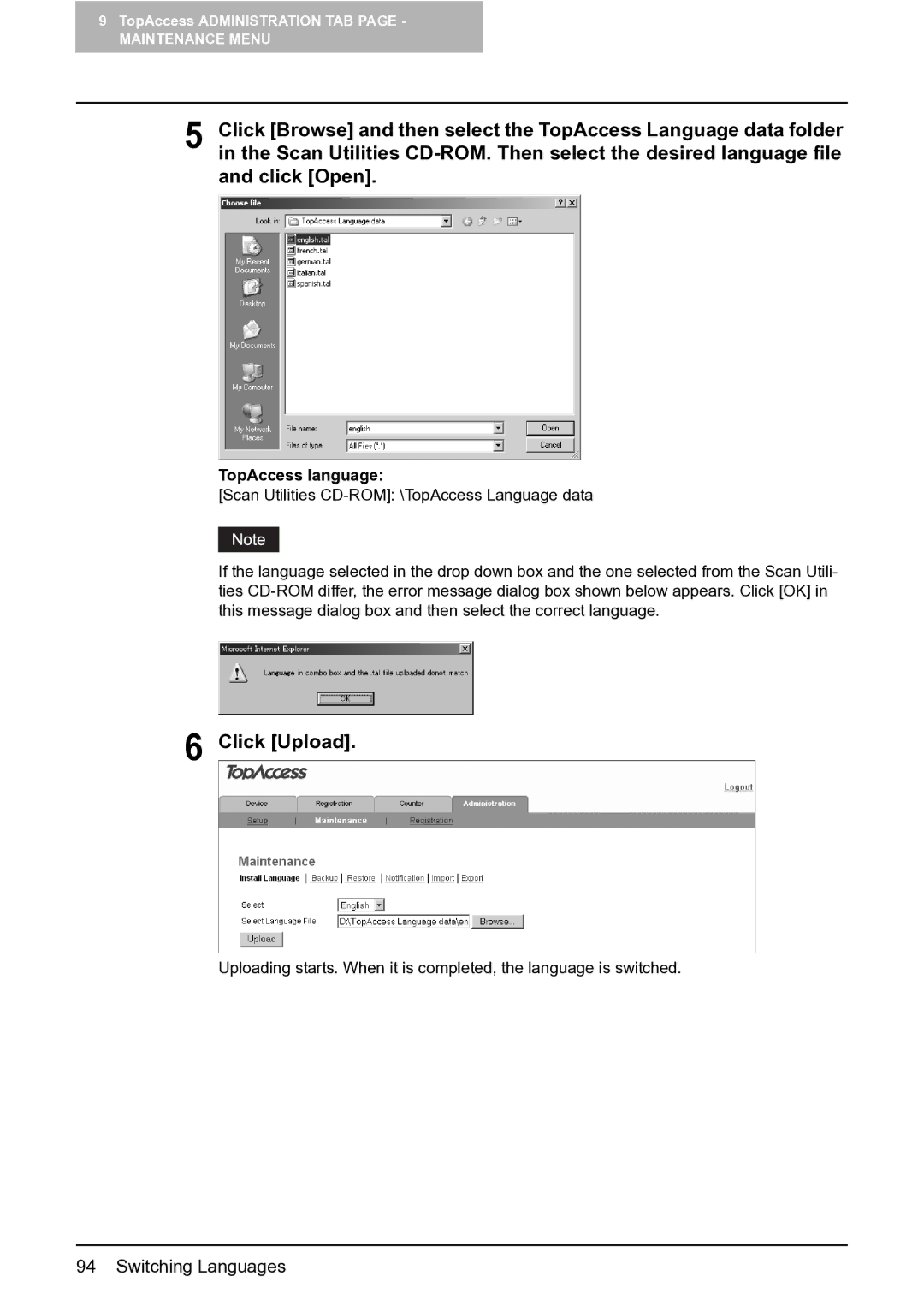 Toshiba GA-1201 setup guide Click Open, Click Upload, TopAccess language 