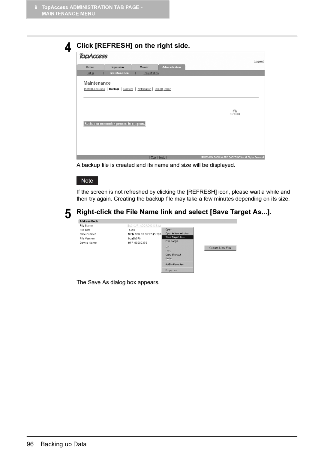 Toshiba GA-1201 setup guide Click Refresh on the right side, Right-click the File Name link and select Save Target As 