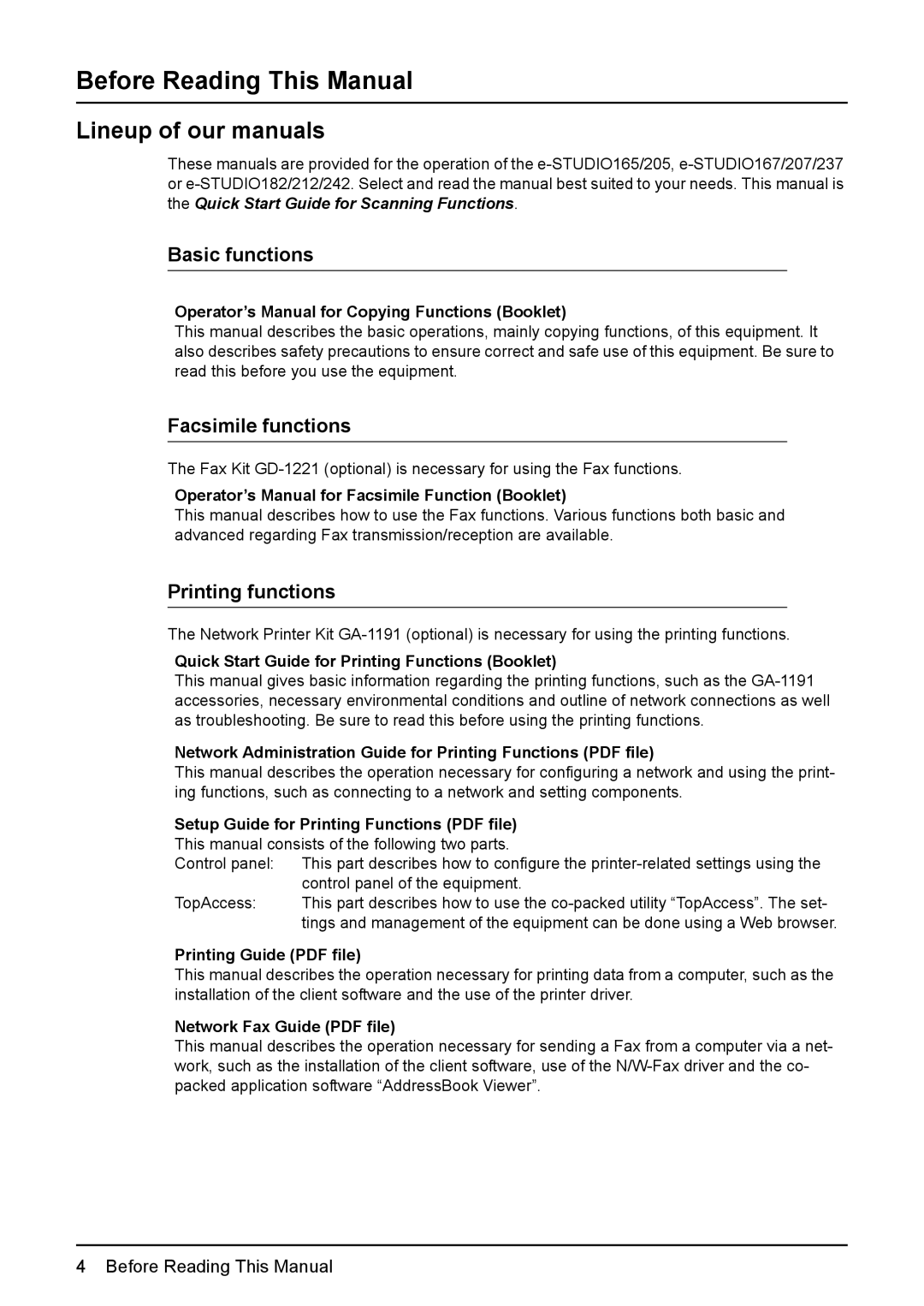 Toshiba GA-1201 Before Reading This Manual, Lineup of our manuals, Operator’s Manual for Copying Functions Booklet 