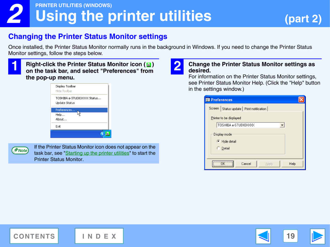 Toshiba GA-1330 Changing the Printer Status Monitor settings, Right-click the Printer Status Monitor icon, Pop-up menu 