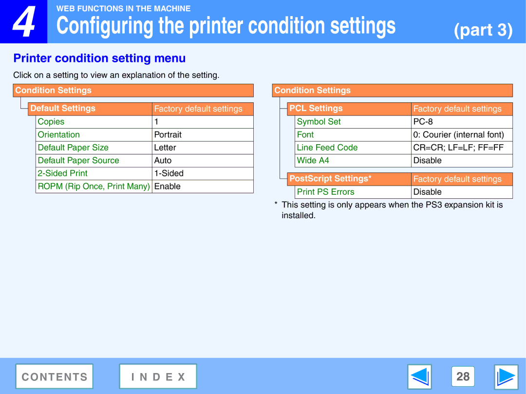 Toshiba GA-1330 manual Printer condition setting menu, Condition Settings Default Settings 
