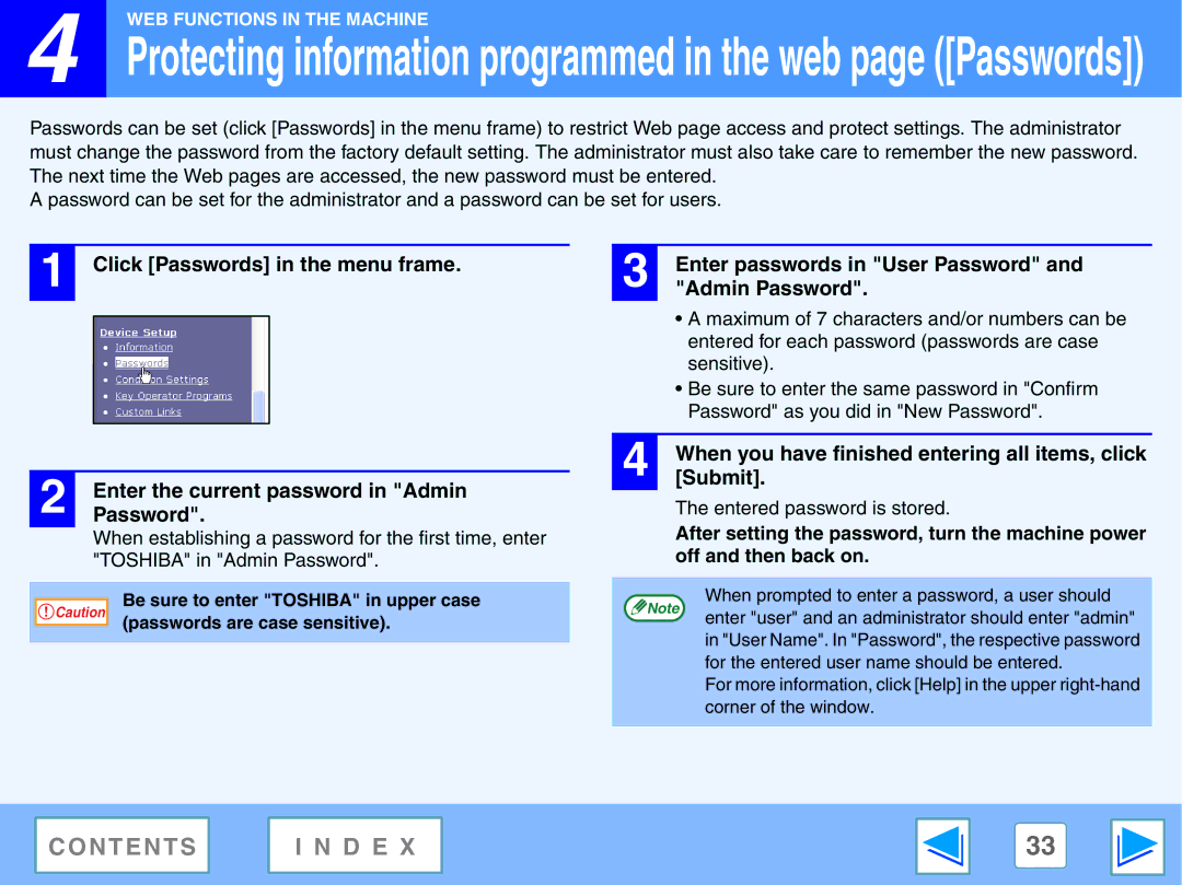 Toshiba GA-1330 manual Click Passwords in the menu frame, Admin Password, Submit 