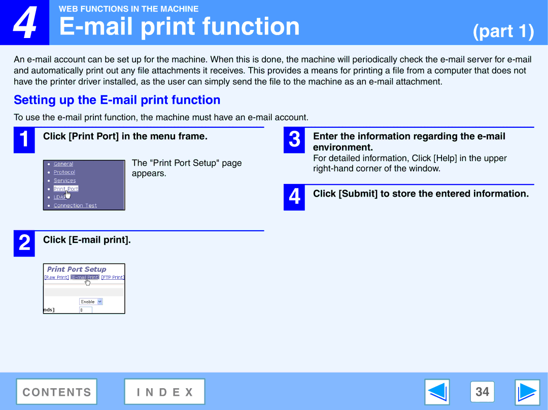 Toshiba GA-1330 manual Mail print function, Setting up the E-mail print function, Click Print Port in the menu frame 