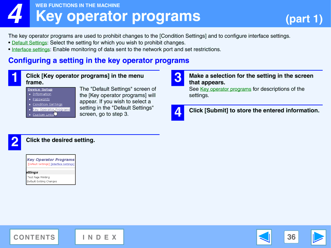 Toshiba GA-1330 manual Key operator programs, Configuring a setting in the key operator programs 