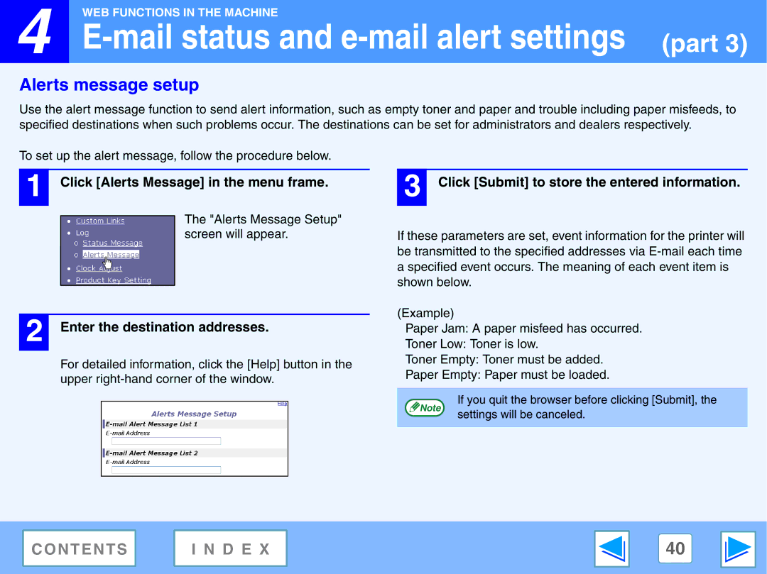 Toshiba GA-1330 manual Alerts message setup, Click Alerts Message in the menu frame, Enter the destination addresses 