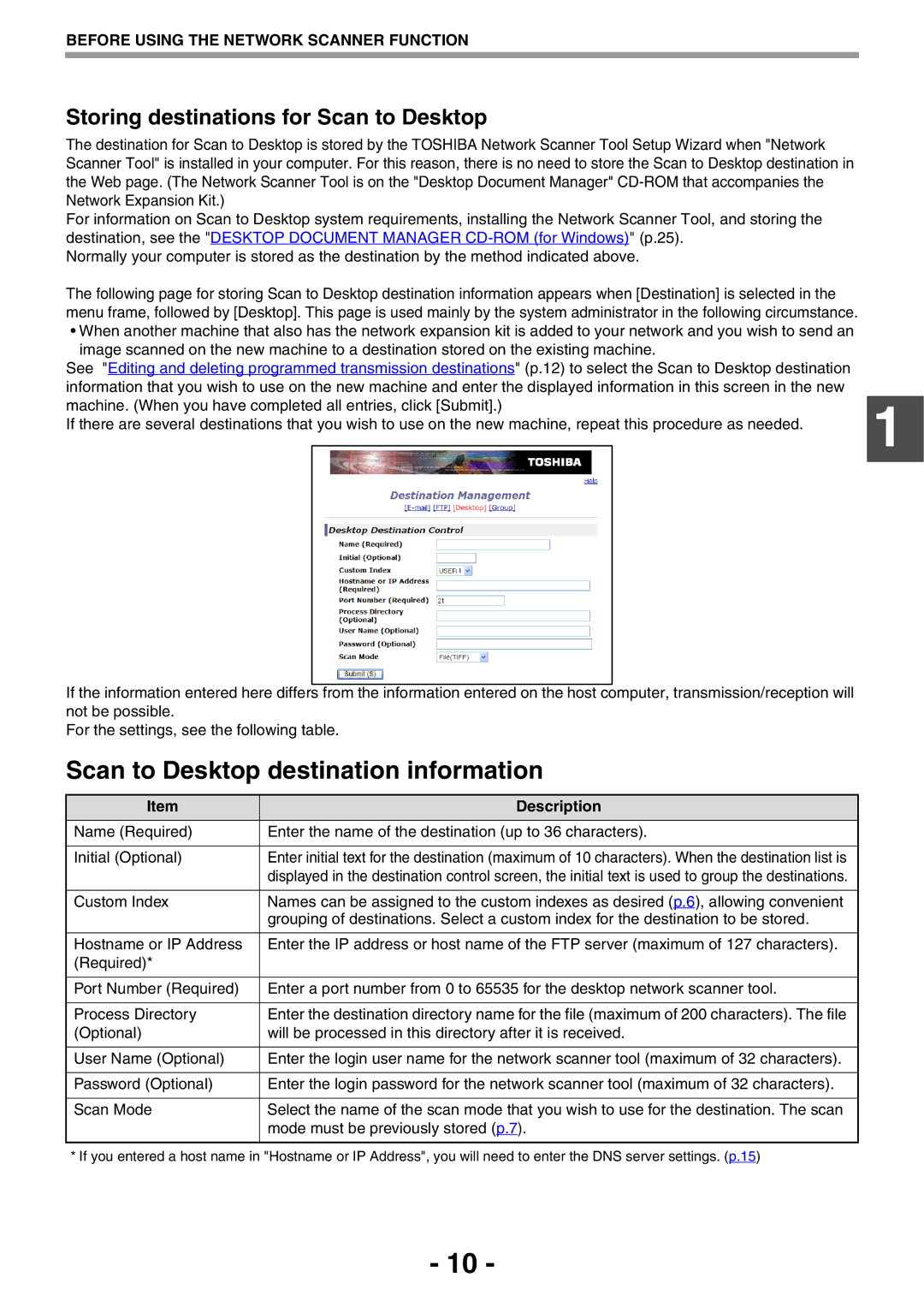 Toshiba GA-1330 manual Scan to Desktop destination information, Storing destinations for Scan to Desktop 