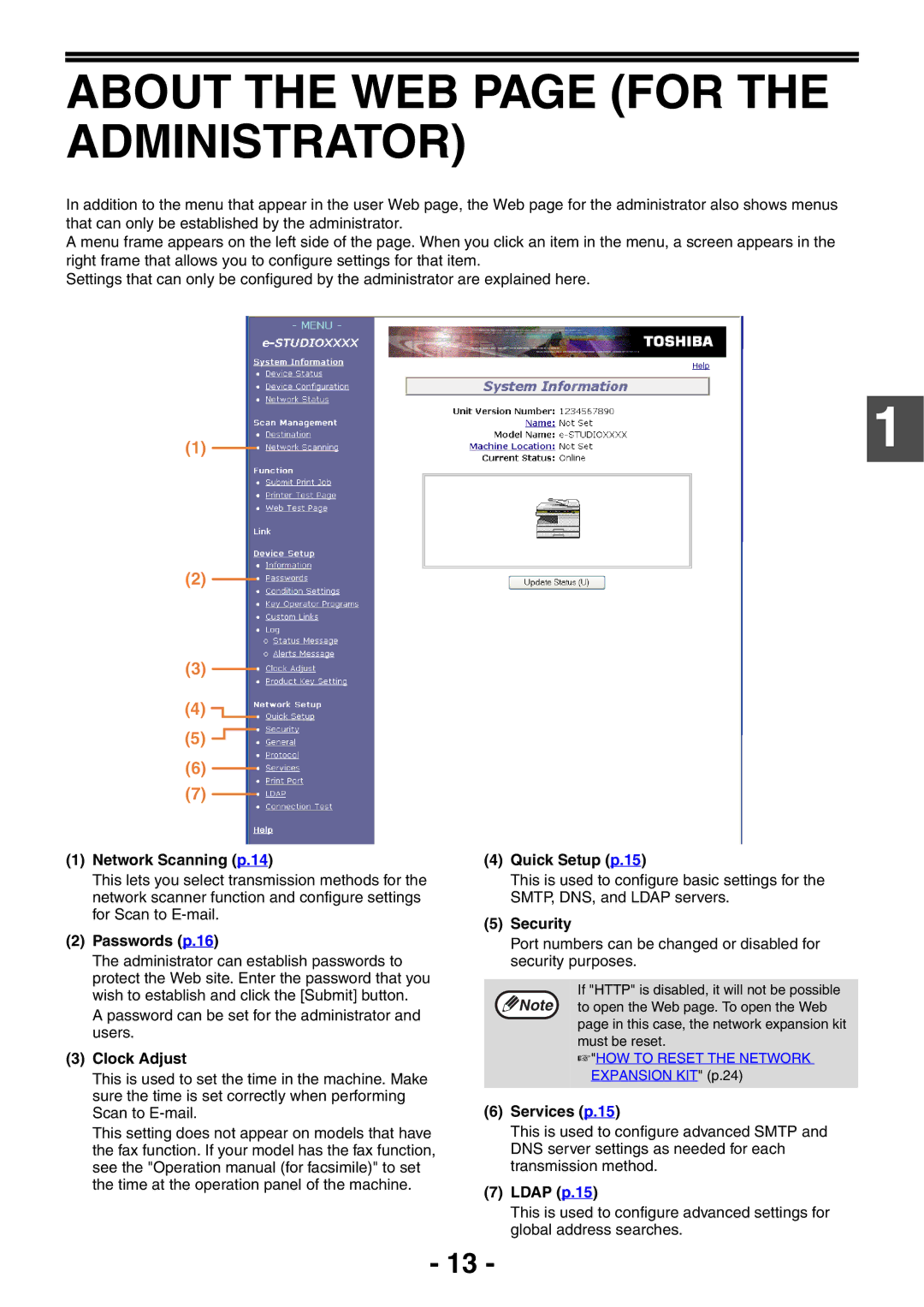 Toshiba GA-1330 manual About the WEB page for the Administrator 