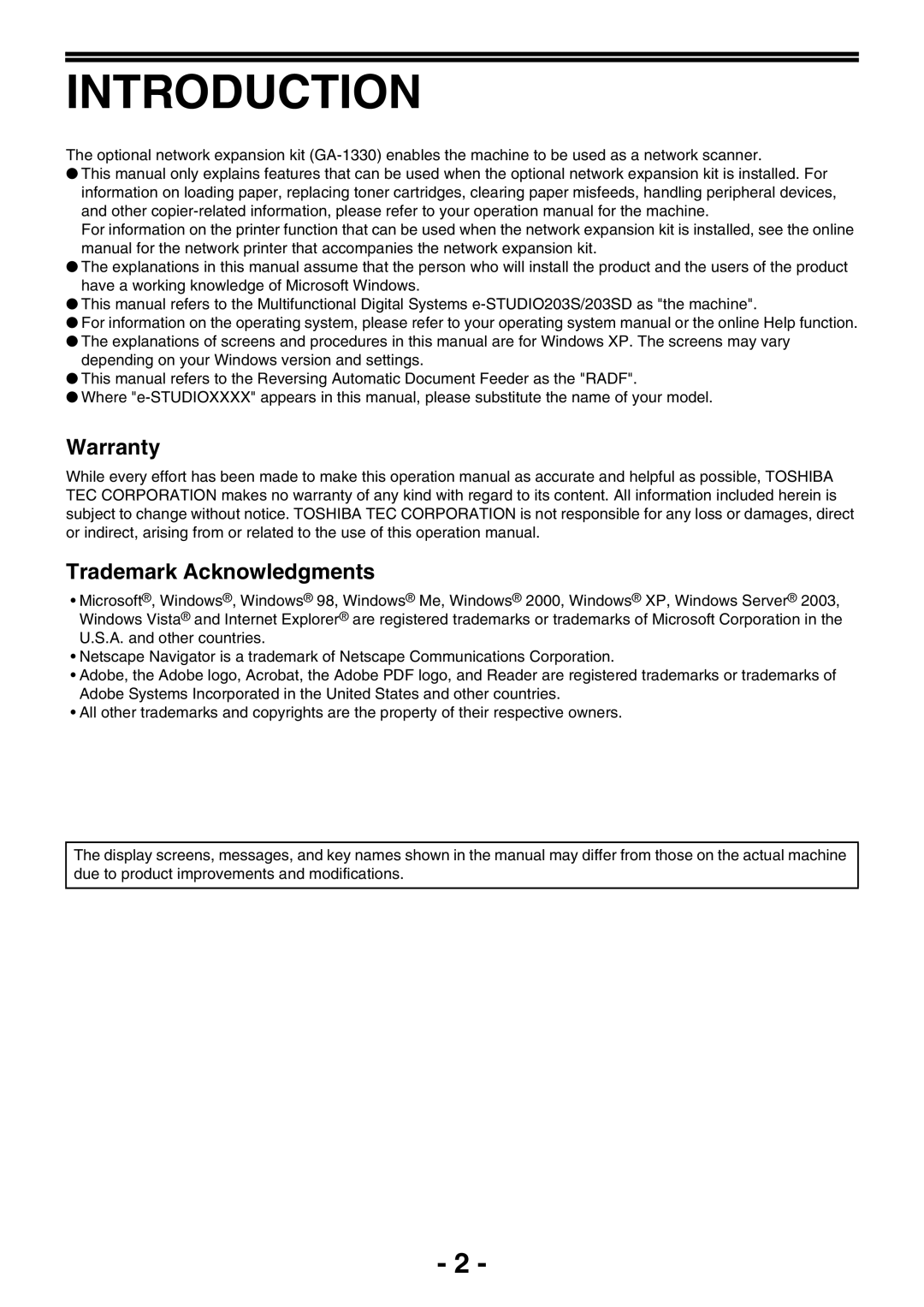 Toshiba GA-1330 manual Introduction, Warranty Trademark Acknowledgments 