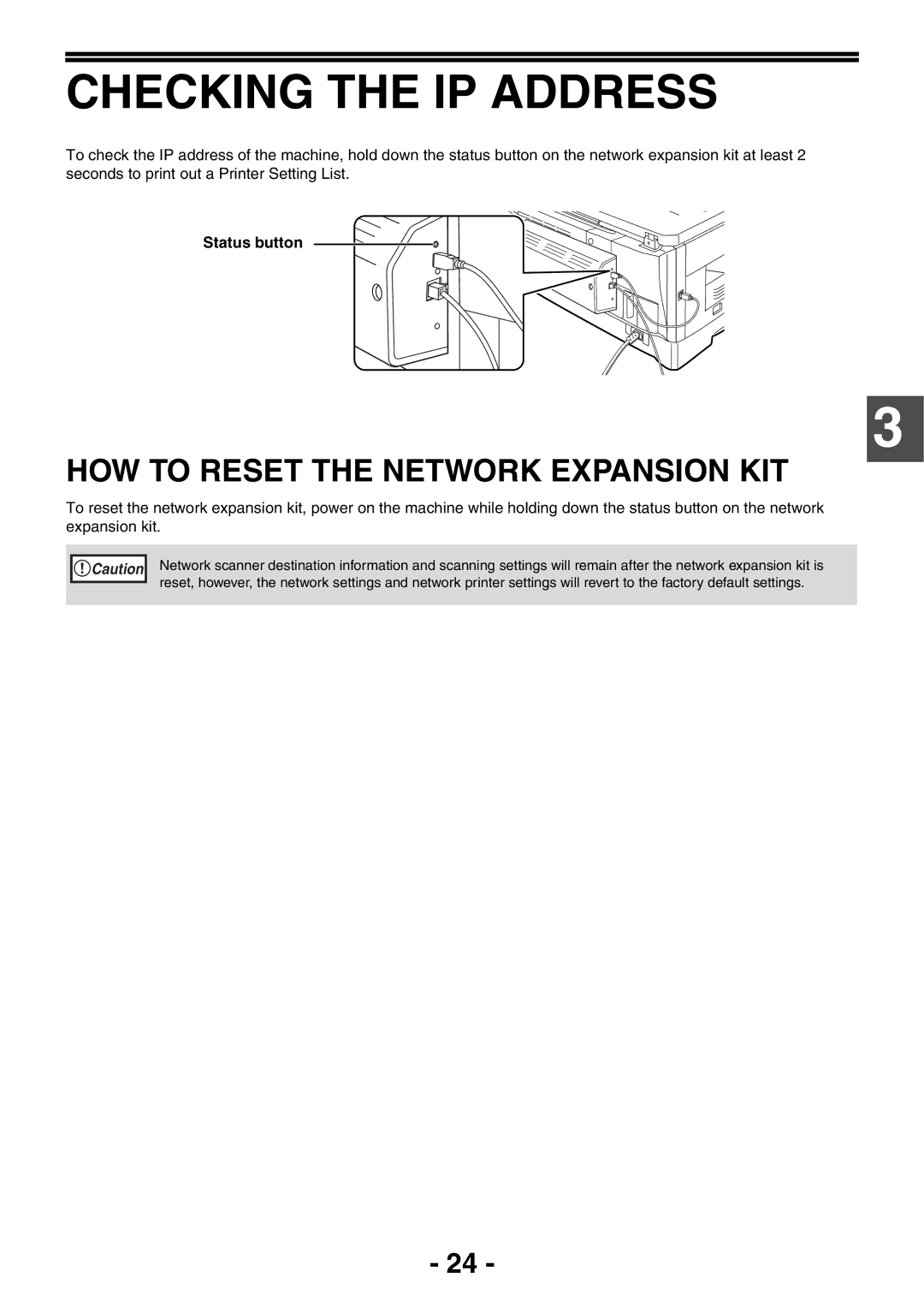 Toshiba GA-1330 manual Checking the IP Address, HOW to Reset the Network Expansion KIT, Status button 