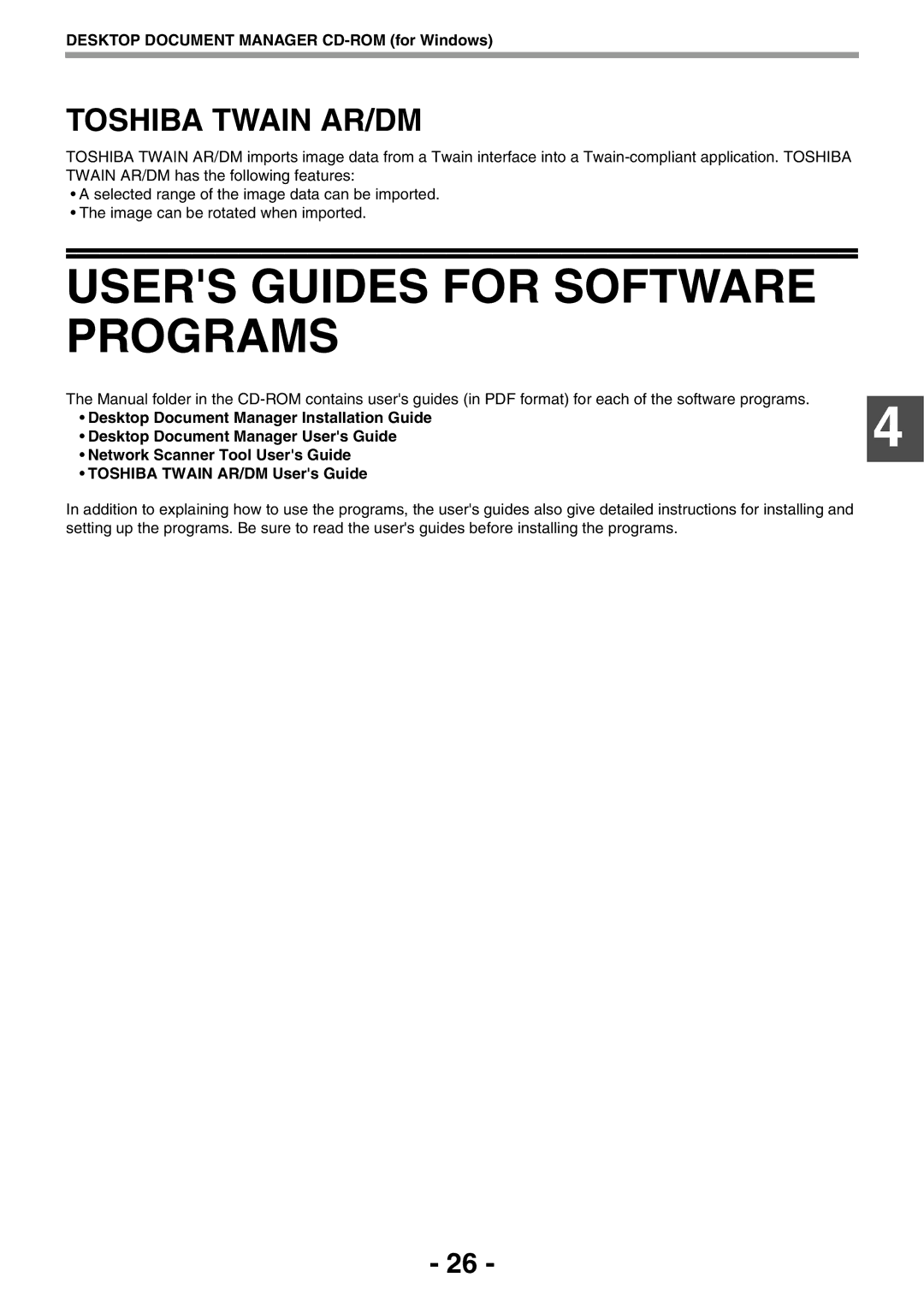 Toshiba GA-1330 manual Users Guides for Software Programs, Toshiba Twain AR/DM 