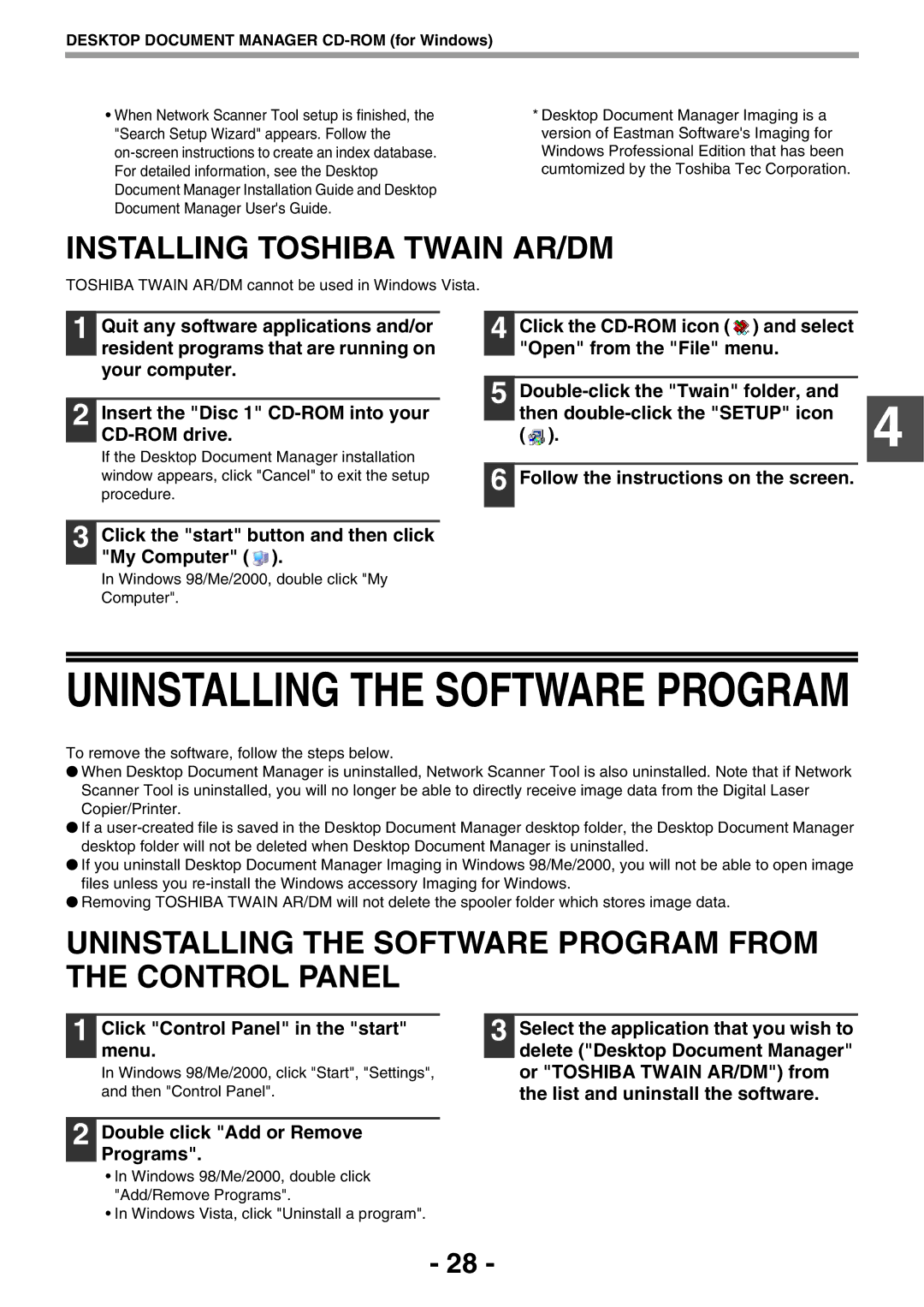 Toshiba GA-1330 manual Installing Toshiba Twain AR/DM, Uninstalling the Software Program from the Control Panel 