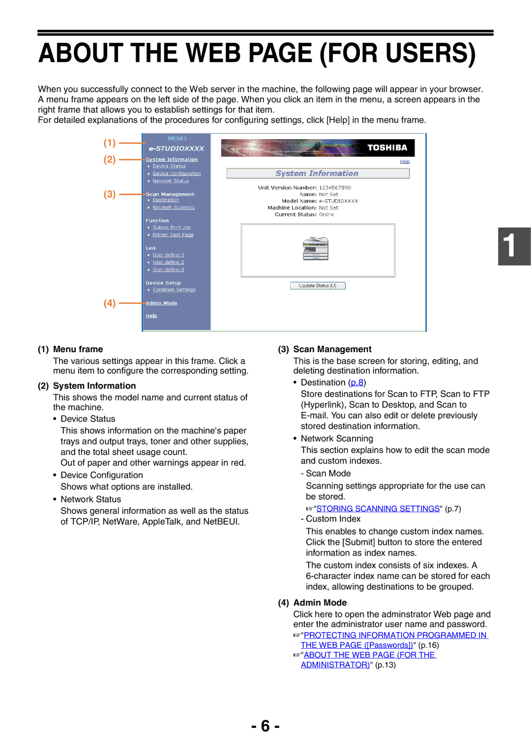 Toshiba GA-1330 manual About the WEB page for Users, Menu frame, System Information, Scan Management, Admin Mode 