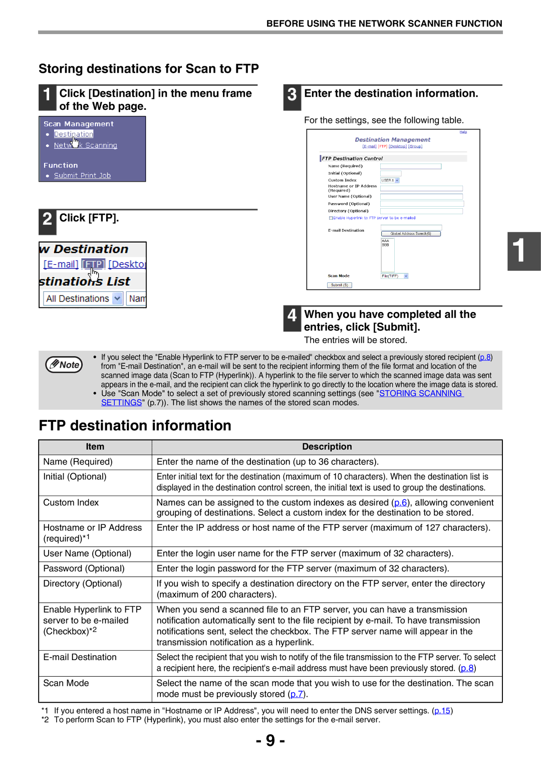 Toshiba GA-1330 manual FTP destination information, Storing destinations for Scan to FTP 