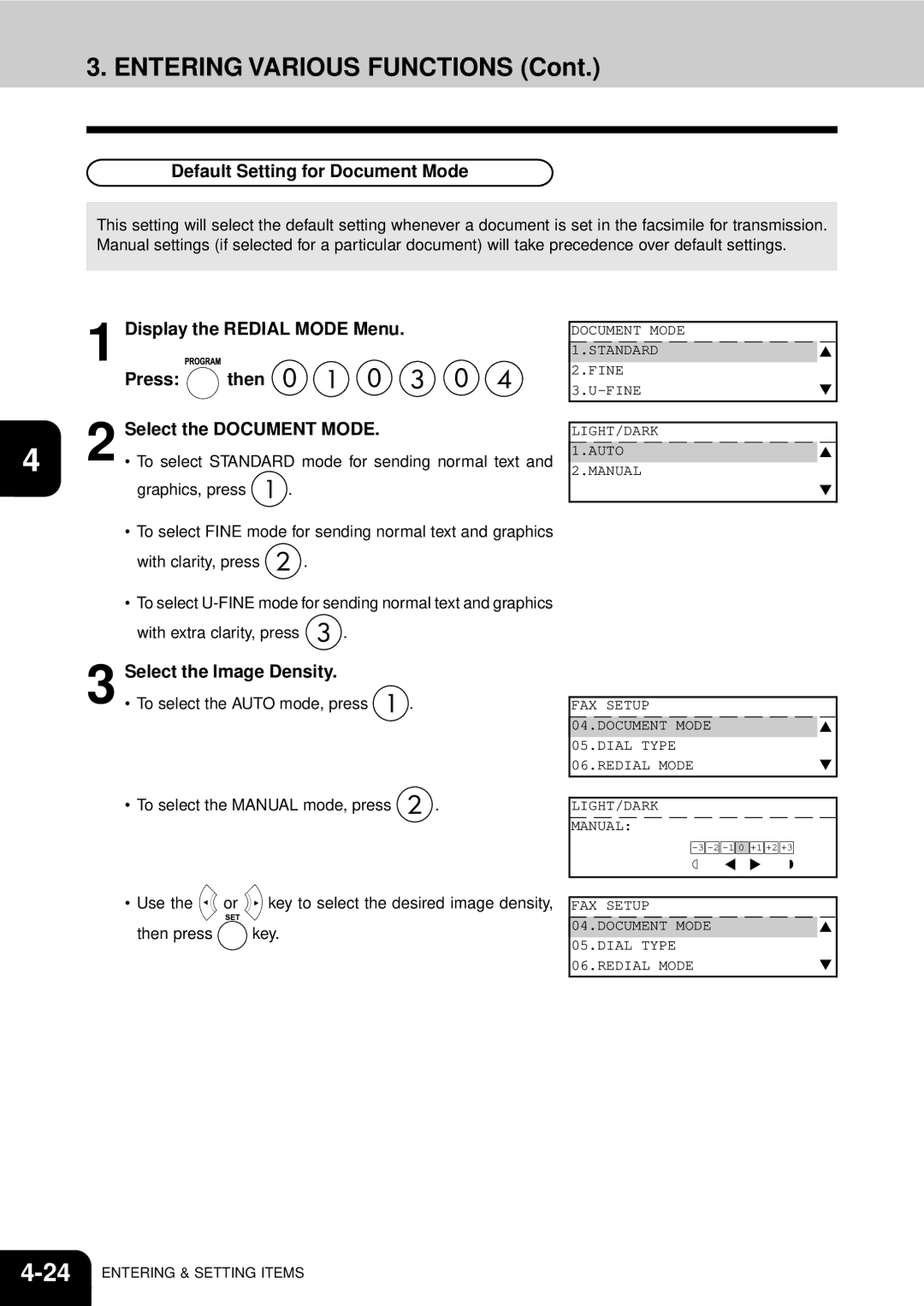 Toshiba GD-1060 manual Default Setting for Document Mode, Display the Redial Mode Menu, Press Then Select the Document Mode 