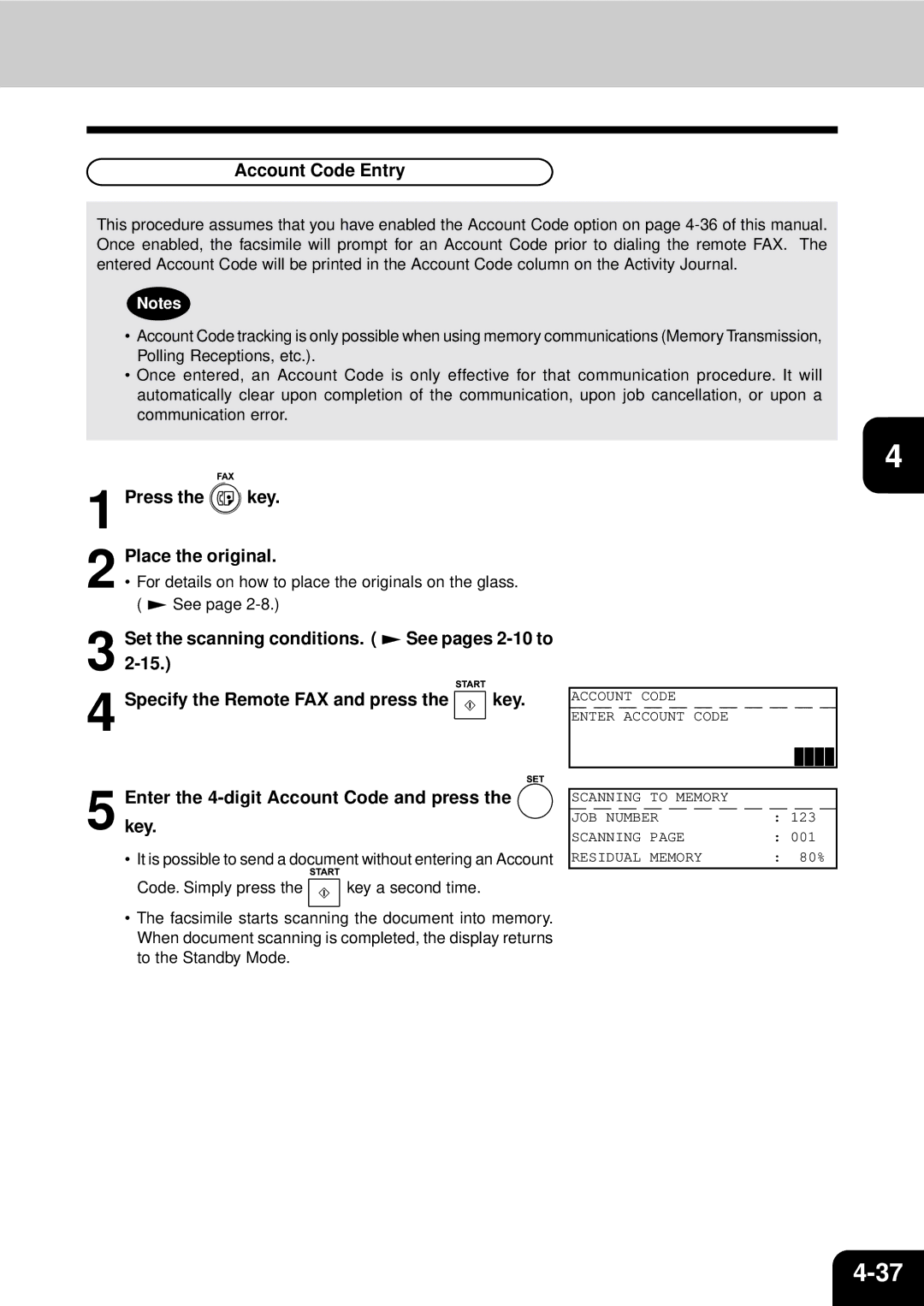 Toshiba GD-1060 manual Account Code Entry, Enterkey. the 4-digit Account Code and press 