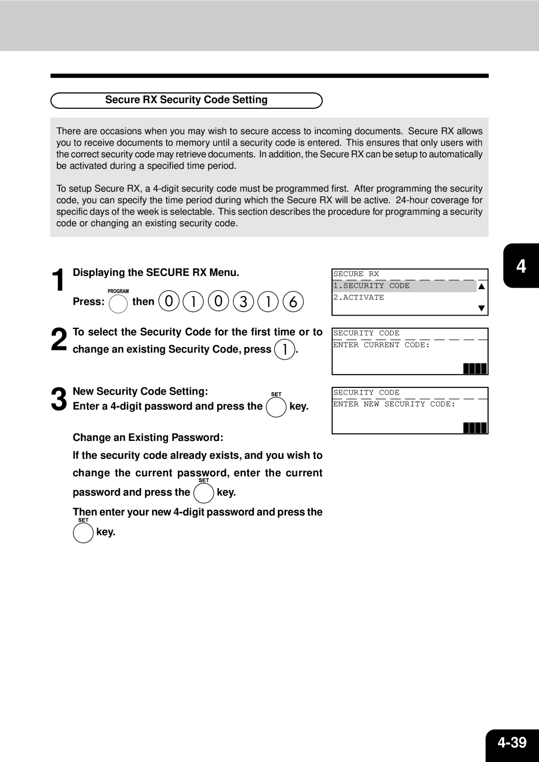 Toshiba GD-1060 manual Secure RX Security Code Setting, Key 